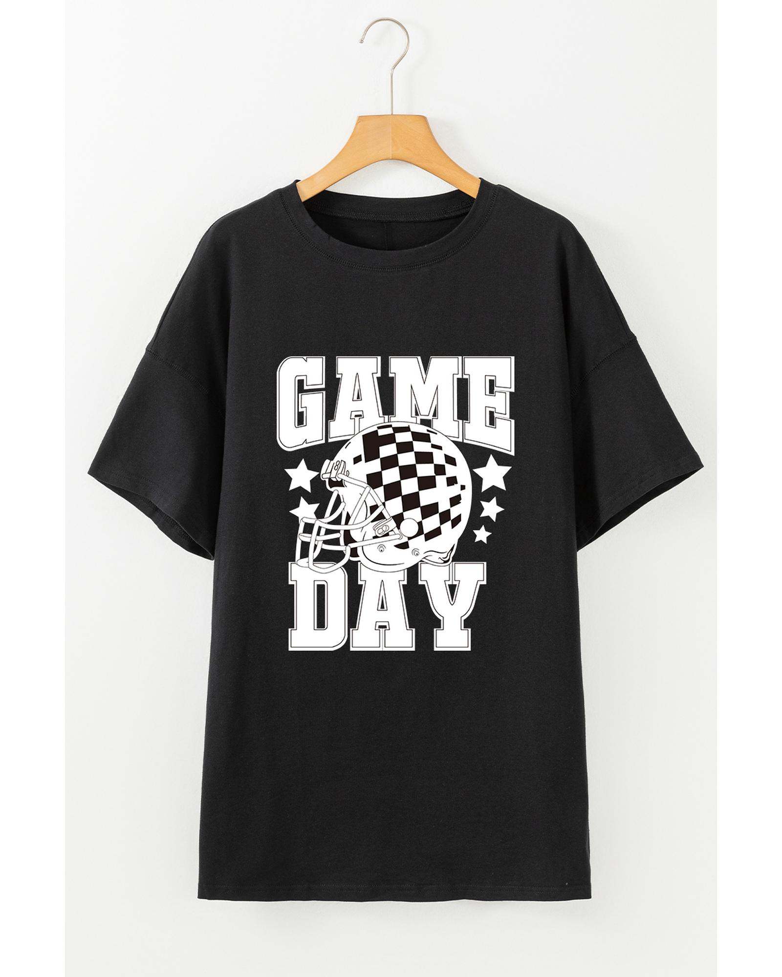 V539-AZEXDC25226701-P2-S-202506121635-00 Black GAME DAY Checkerboard Rugby Football Helmet T Shirt - S - Image 1