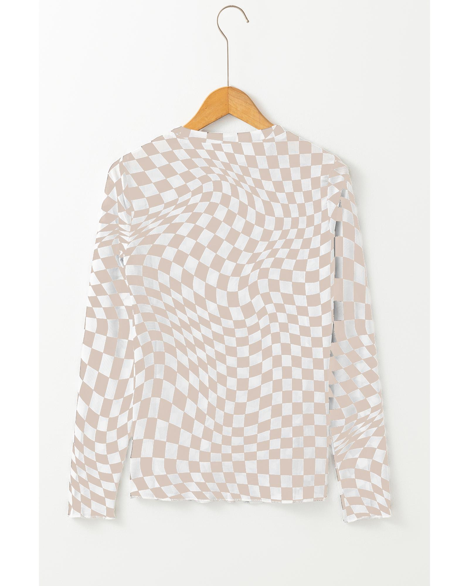 V539-AZEXDC25226716-P1620-XL-202508270605-00 Khaki Checkered Pattern Mesh Mock Neck Long Sleeve Top - XL - Image 1