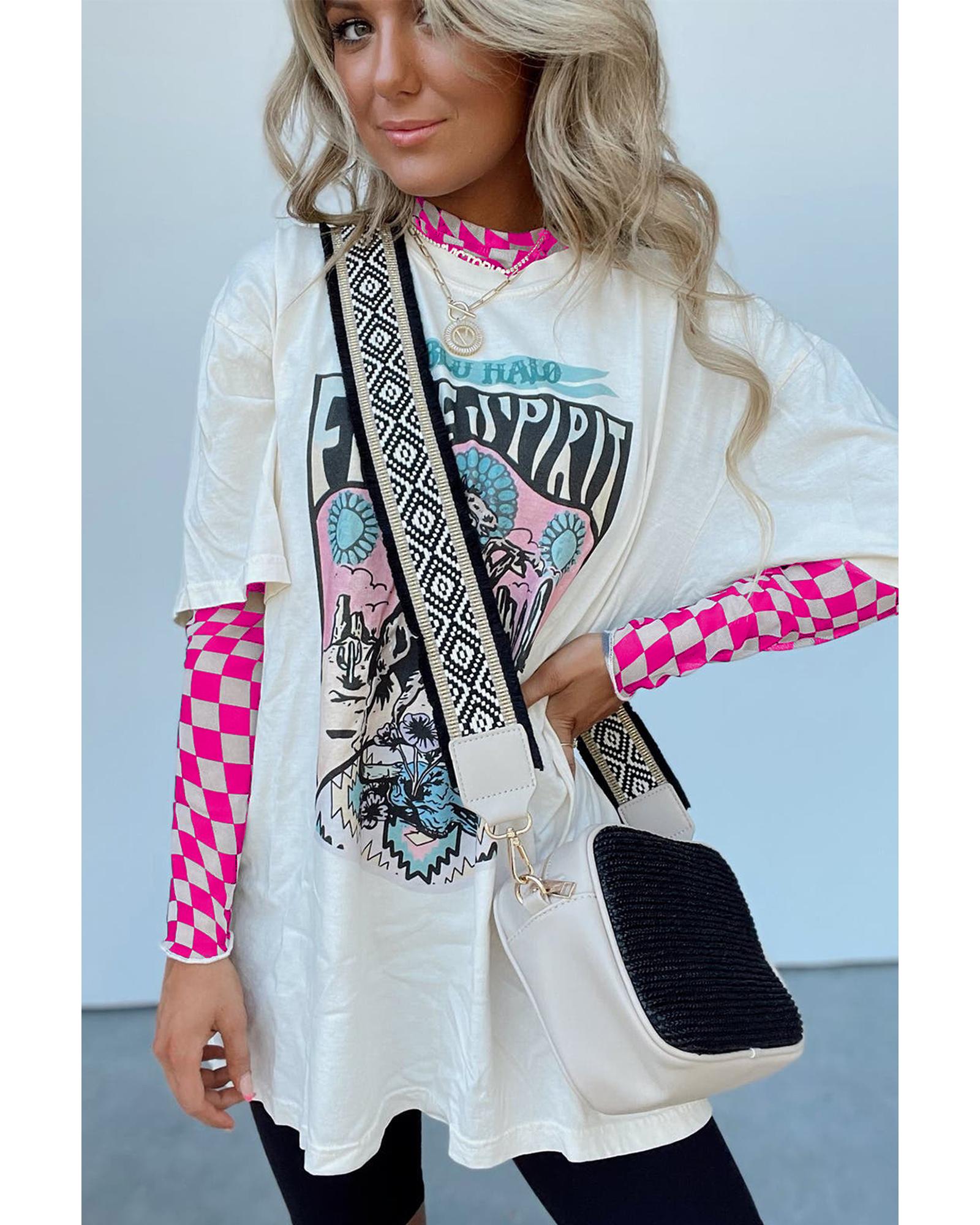 V539-AZEXDC25226716-P620-S-202508271406-00 Rose Checkered Pattern Mesh Mock Neck Long Sleeve Top - S - Image 1