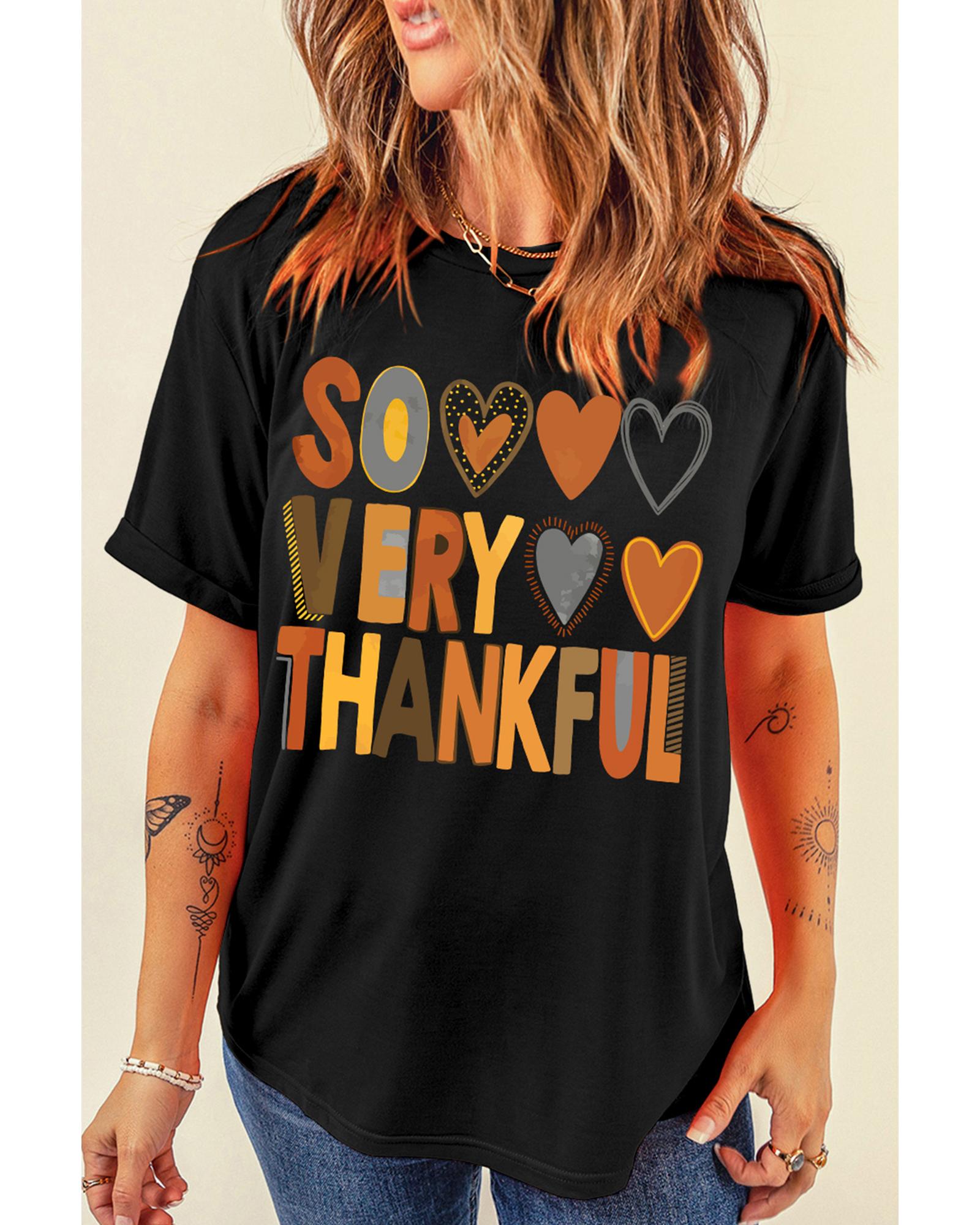 V539-AZEXDC25226722-2-M-202508271905-00 Black So Very Thankful Heart Printed Crewneck Thanksgiving T Shirt - M - Image 1