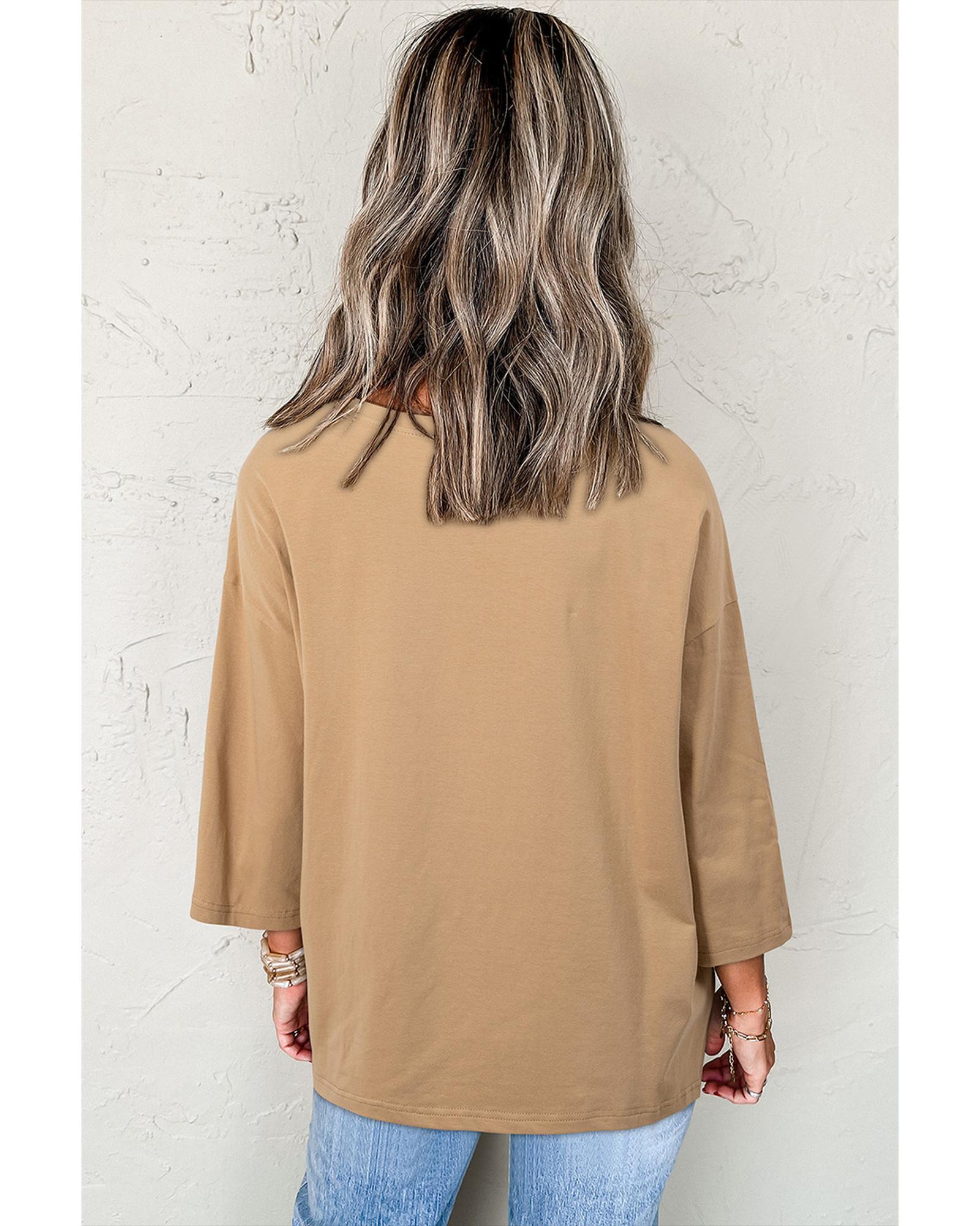 V539-AZEXDC25226728-P1016-S-202508270300-00 Camel Floral Star Patchwork 3/4 Long Sleeve Top - S - Image 1