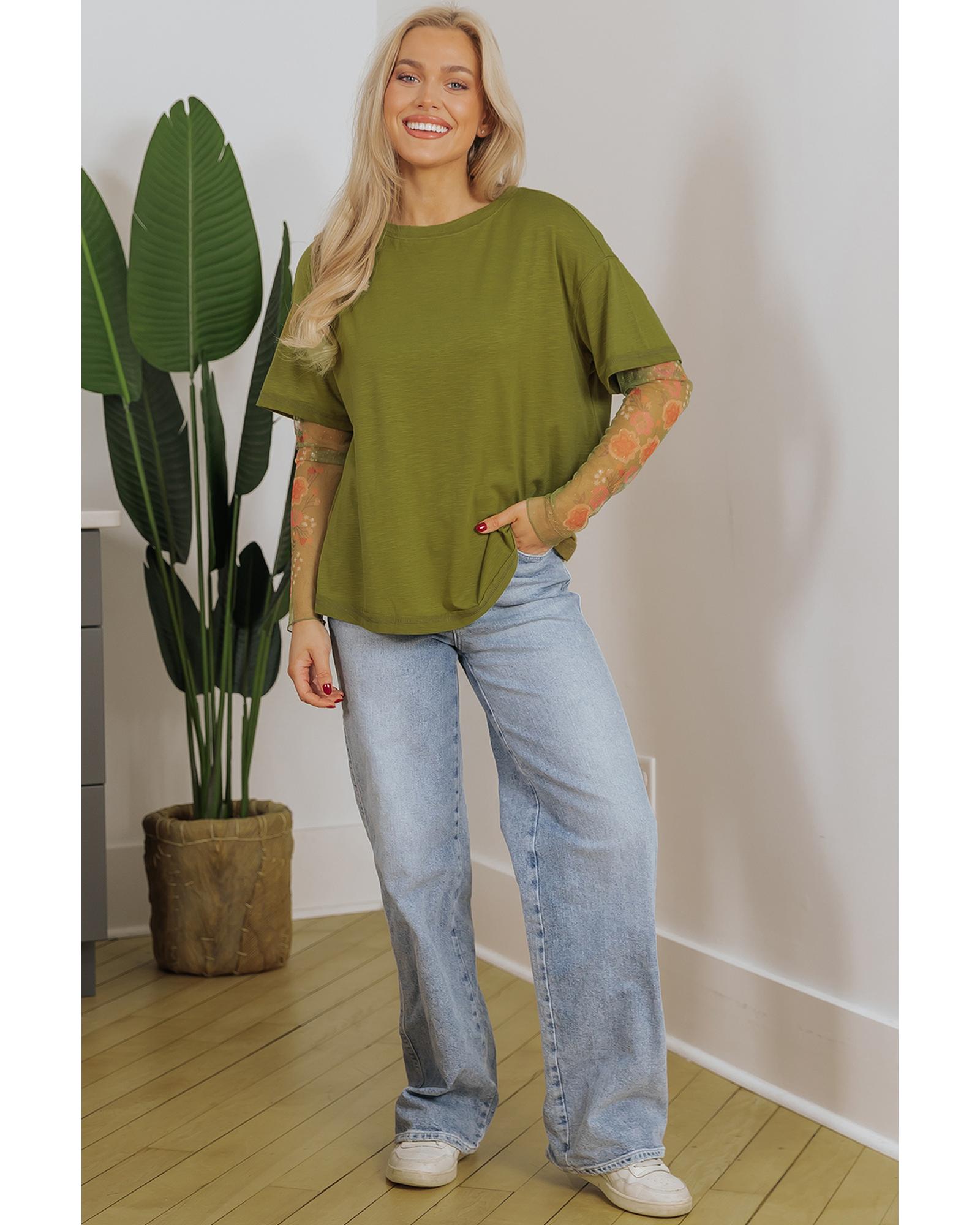 V539-AZEXDC25226742-P2109-L-202508271515-00 Fern Green Faux Two Piece Floral Long Sleeve Patchwork Tee - L - Image 1