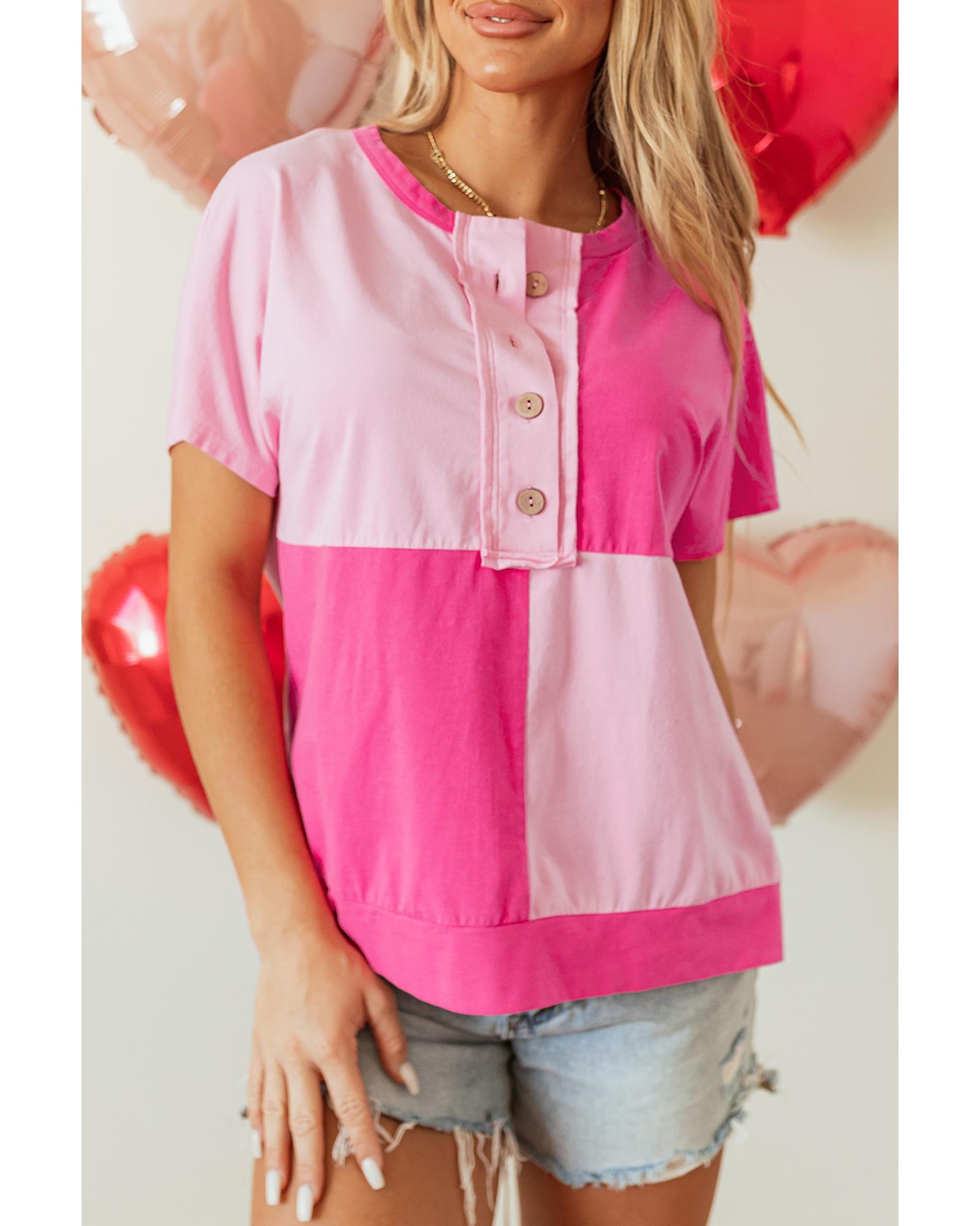 V539-AZEXDC25226756-P10-XL-202508272035-00 Pink Two Tone Half Buttons Collared T Shirt - XL - Image 1