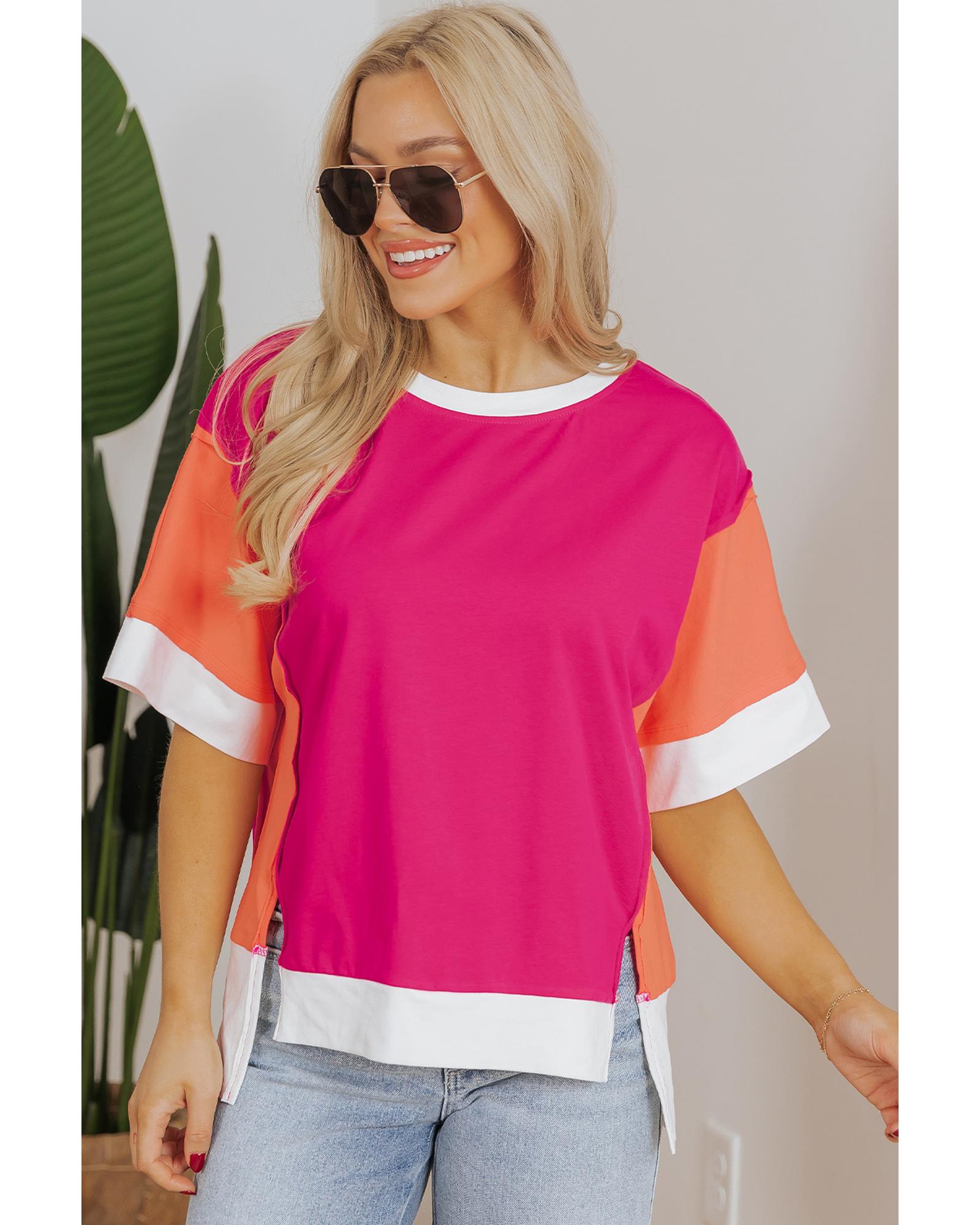 V539-AZEXDC25226760-P6-S-202506121907-00 Rose Red Color Block Patchwork Side Slits Loose Fit T Shirt - S - Image 1