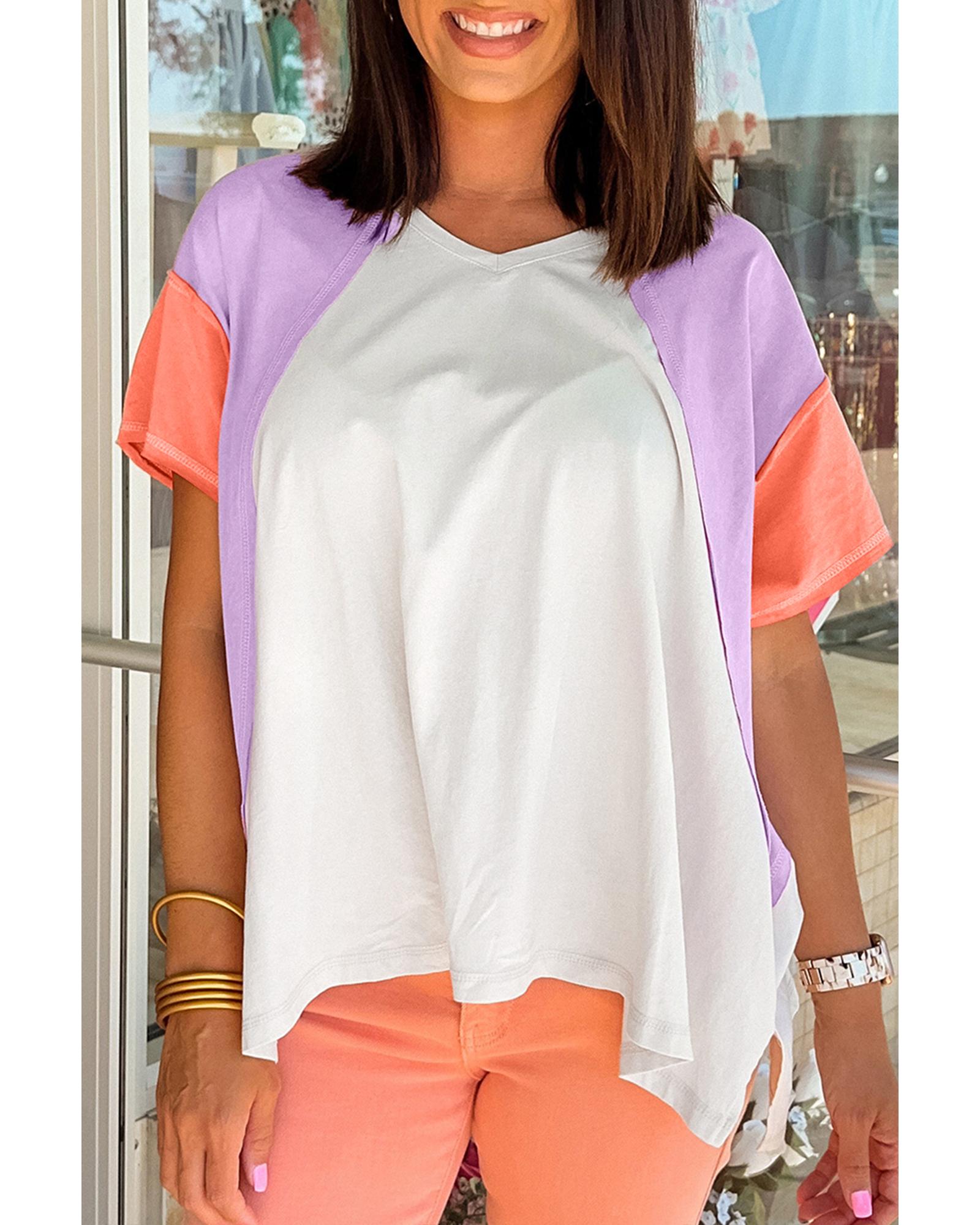 V539-AZEXDC25226762-P1522-XL-202508272010-00 Beige Colorblock Patchwork V Neck Exposed Seam High Low T Shirt - XL - Image 1