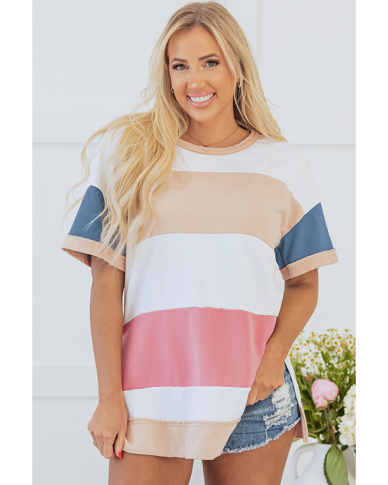 V539-AZEXDC25226764-P22-XL-202508270935-00 Multicolour Colorblock Patchwork Side Split Tunic T Shirt - XL - Image 1