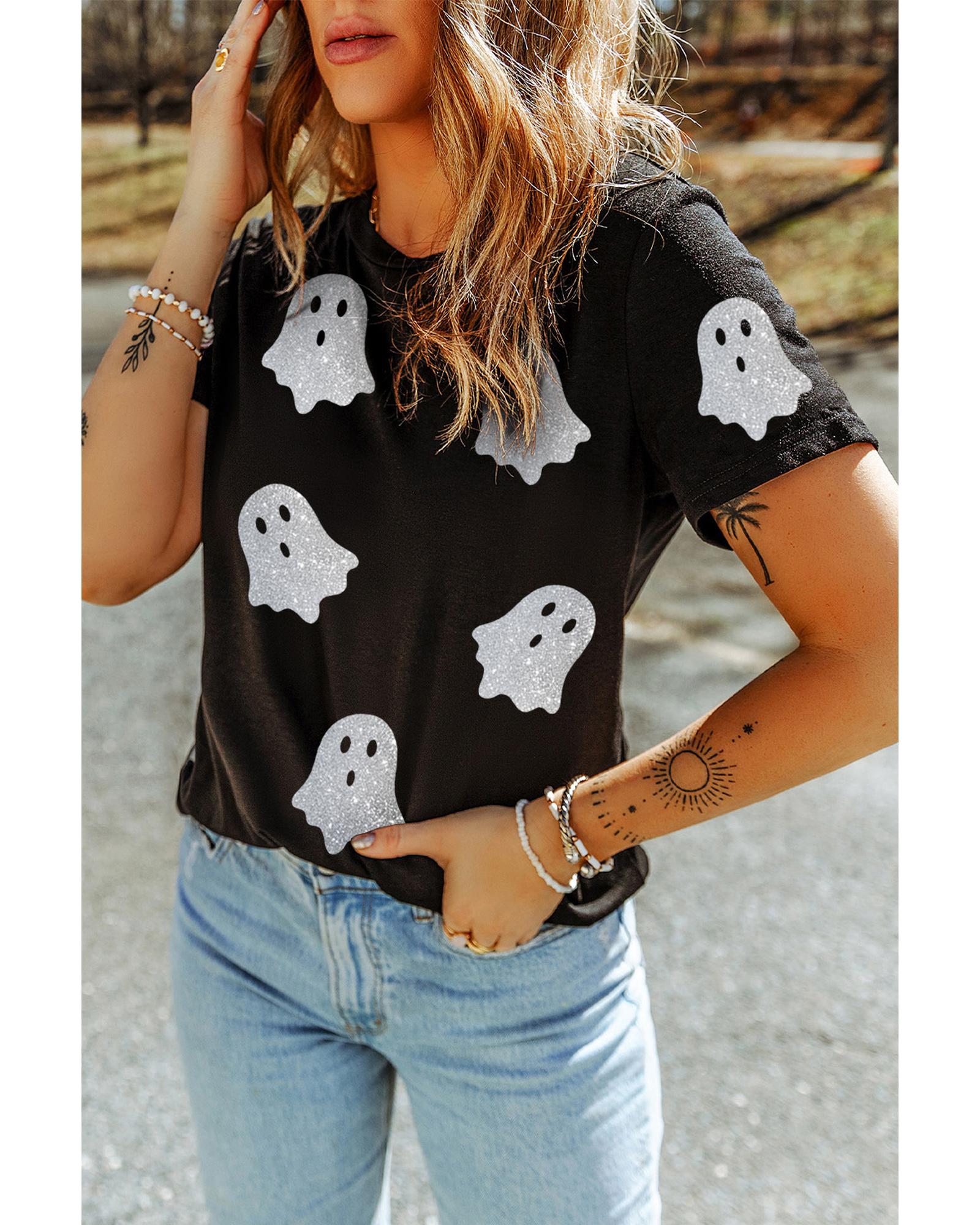 V539-AZEXDC25226779-2-L-202508271345-00 Black Glitter Ghost Pattern Crew Neck Halloween T Shirt - L - Image 1