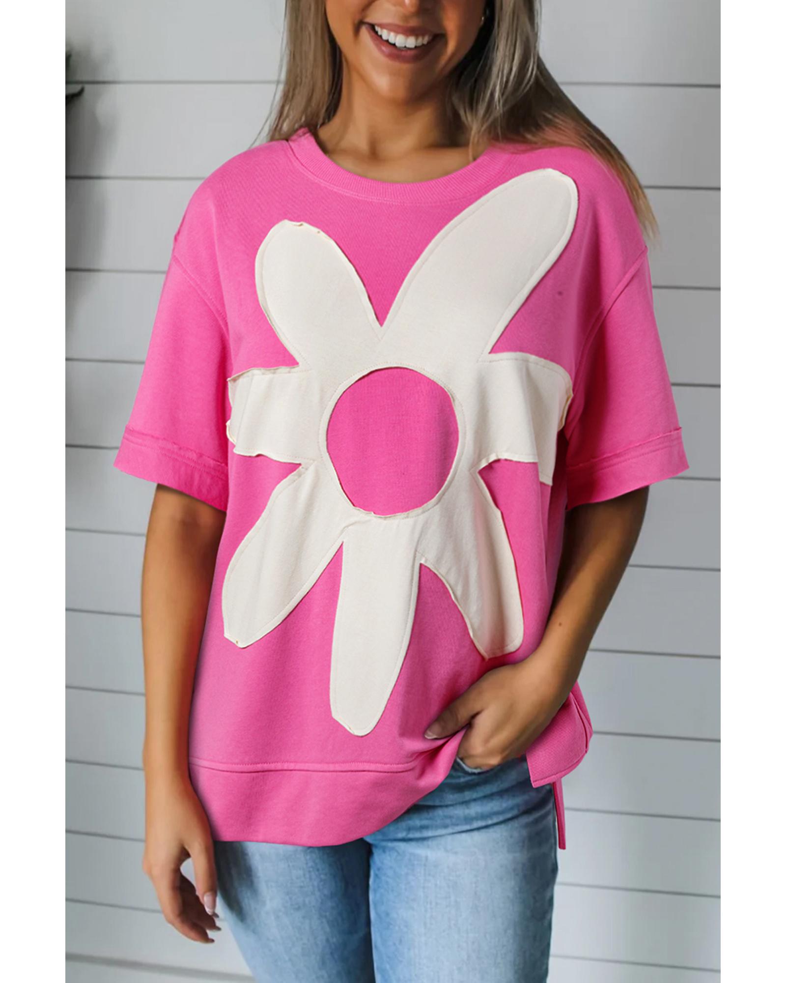 V539-AZEXDC25226781-P406-S-202508272115-00 Sachet Pink Contrast Flower Drop Shoulder Loose T Shirt - S - Image 1