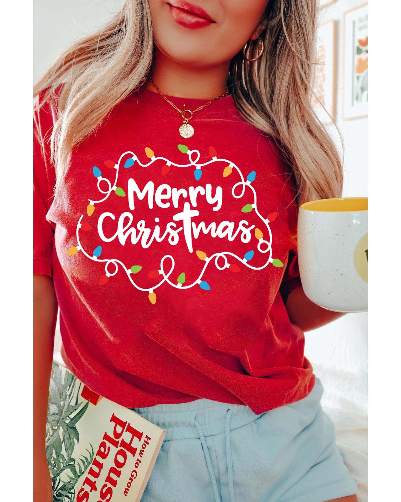 V539-AZEXDC25226782-103-L-202508270306-00 Red Merry Christmas Lights Print Crew Neck T Shirt - L - Image 1