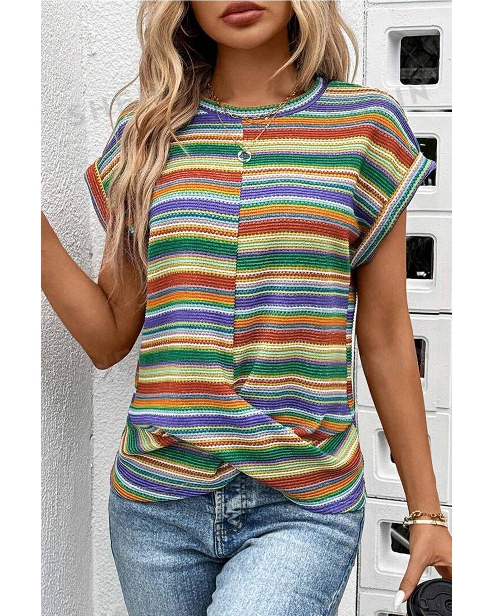 V539-AZEXDC25226784-P22-XL-202508272125-00 Multicolour Striped Pattern Twist Hem Short Sleeve Top - XL - Image 1