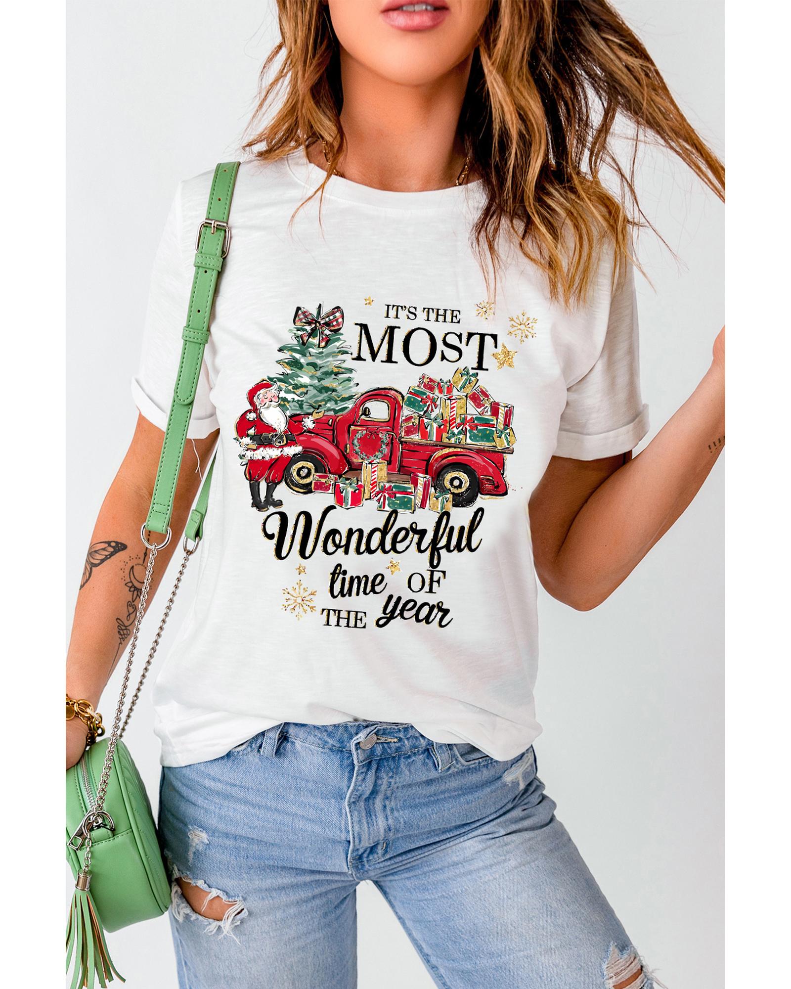 V539-AZEXDC25226798-1-XL-202508300100-00 White Christmas Pattern Slogan Print Crew Neck T Shirt - XL - Image 1
