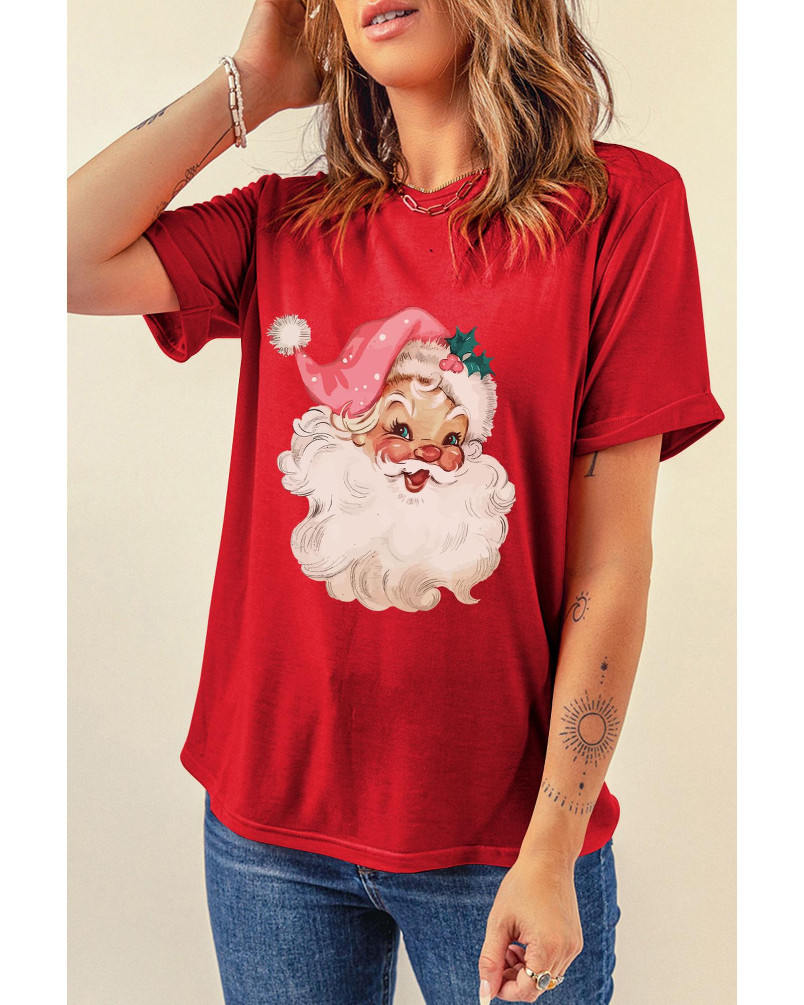V539-AZEXDC25226829-103-2XL-202508281345-00 Red Christmas Santa Claus Print Crew Neck T Shirt - 2XL - Image 1