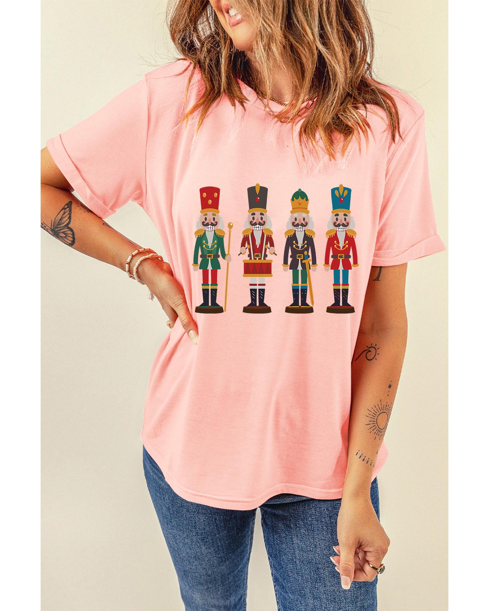 V539-AZEXDC25226860-10-2XL-202508281015-00 Pink Cute Nutcracker Graphic Crewneck Christmas T Shirt - 2XL - Image 1