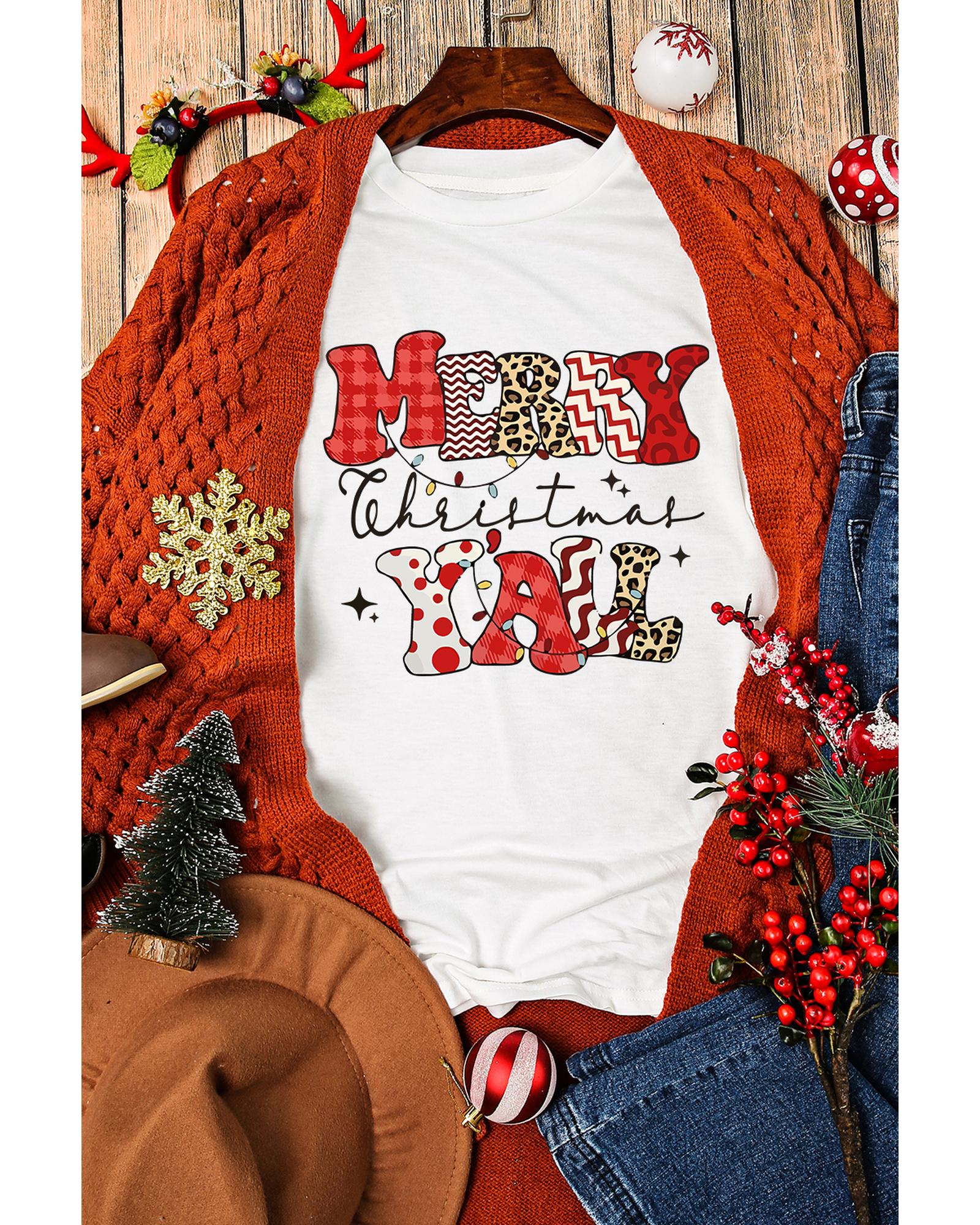 V539-AZEXDC25226861-1-M-202508290245-00 White MERRY Christmas YAll Graphic Crewneck T Shirt - M - Image 1
