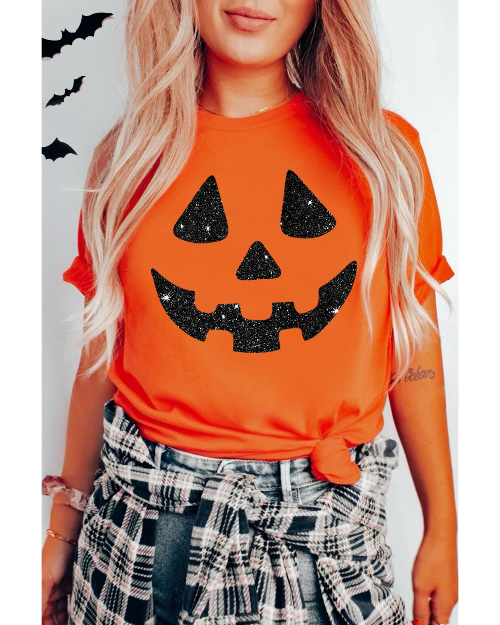 V539-AZEXDC25226897-14-S-202506121615-00 Orange Glittering Pumpkin Face Graphic Crewneck T Shirt - S - Image 1
