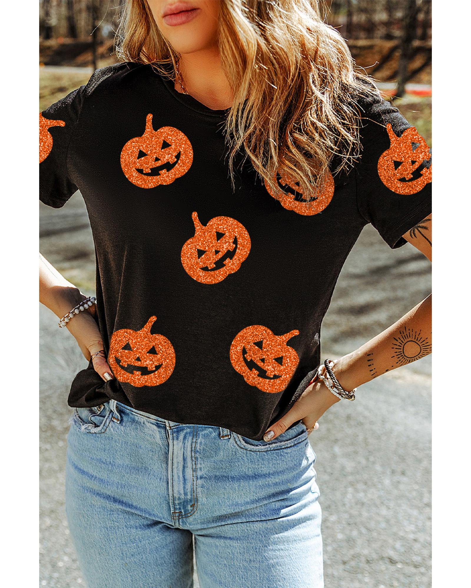 V539-AZEXDC25226900-2-L-202508281905-00 Black Glittering Pumpkin Face Graphic Crewneck Halloween T Shirt - L - Image 1
