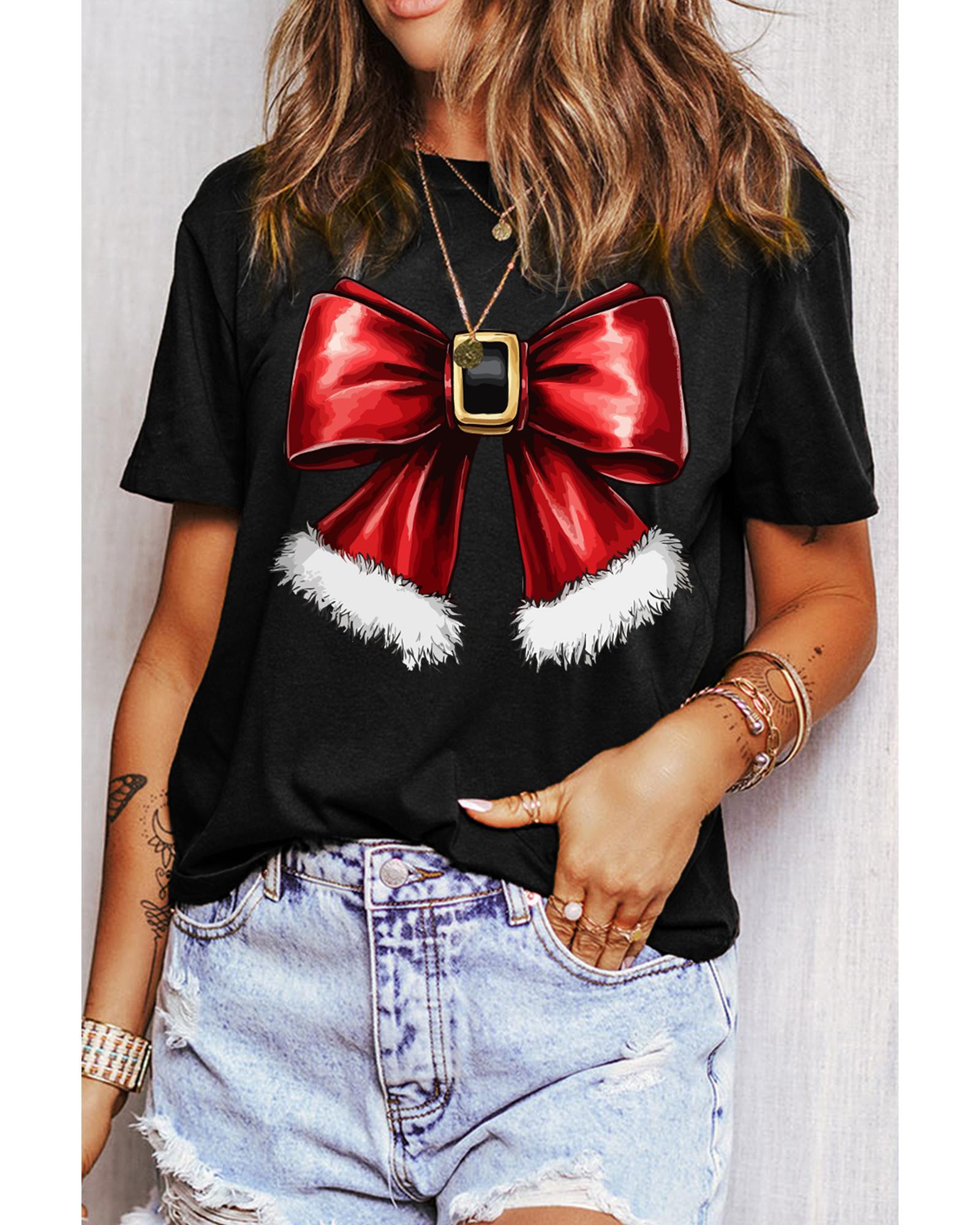 V539-AZEXDC25226942-2-XL-202508300415-00 Black Christmas Big Bowknot Graphic Crewneck T Shirt - XL - Image 1