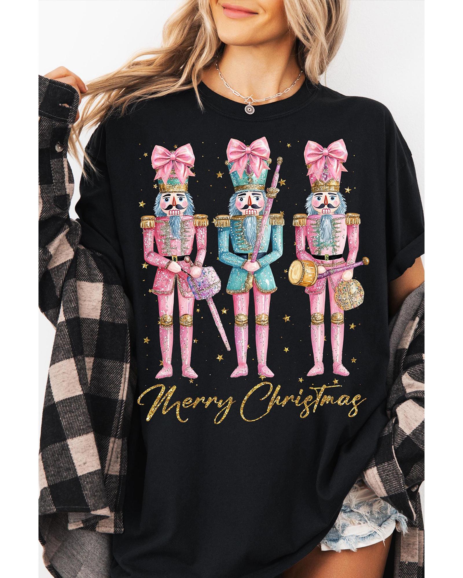 V539-AZEXDC25227042-2-M-202508271130-00 Black Nutcracker Merry Christmas Printed Crewneck T Shirt - M - Image 1