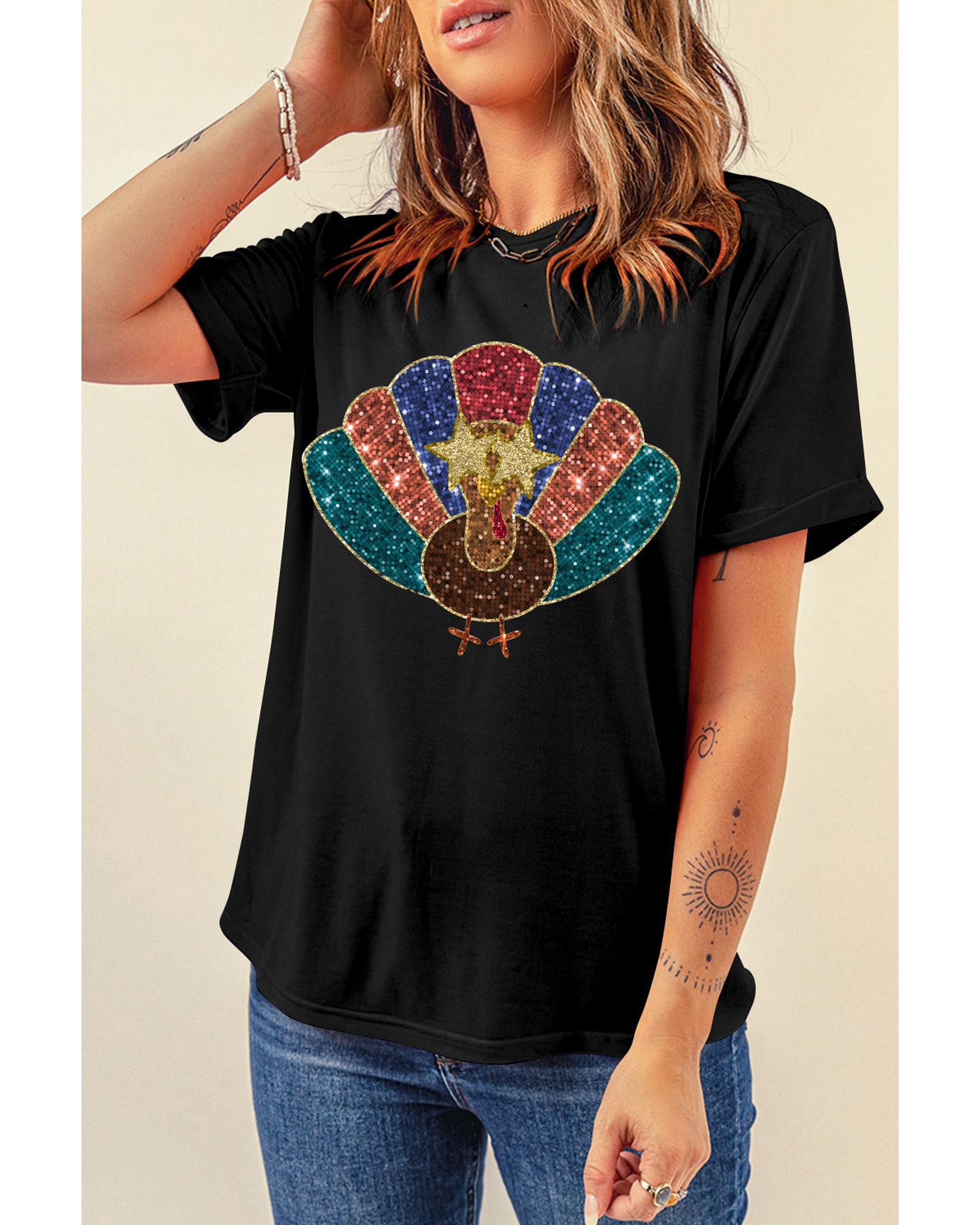 V539-AZEXDC25227047-2-2XL-202508271745-00 Black Glitter Turkey Heat Transfer Printing Thanksgiving T Shirt - 2XL - Image 1