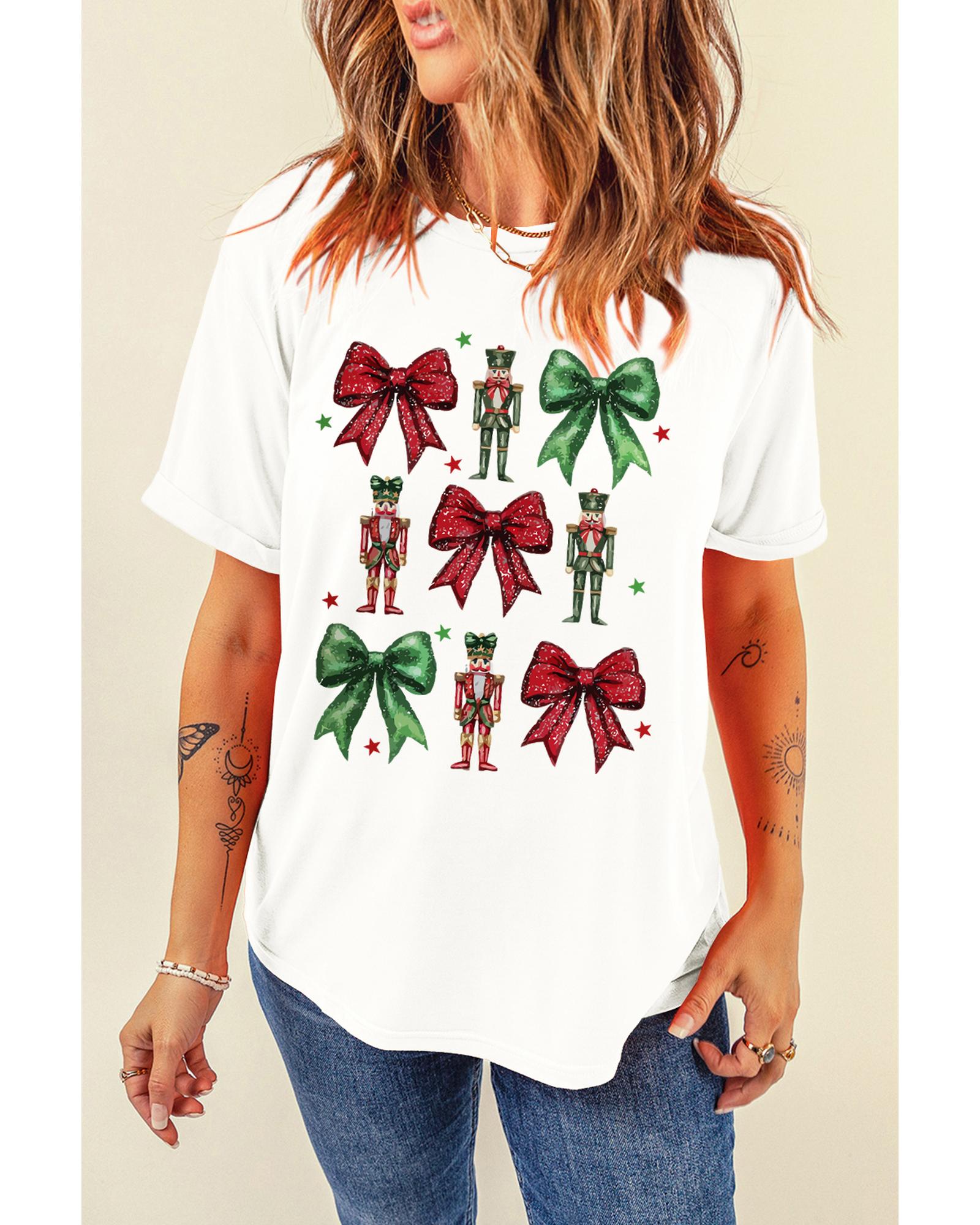 V539-AZEXDC25227048-1-M-202508270520-00 White Bowknot Nutcracker Printed Crewneck Christmas T Shirt - M - Image 1