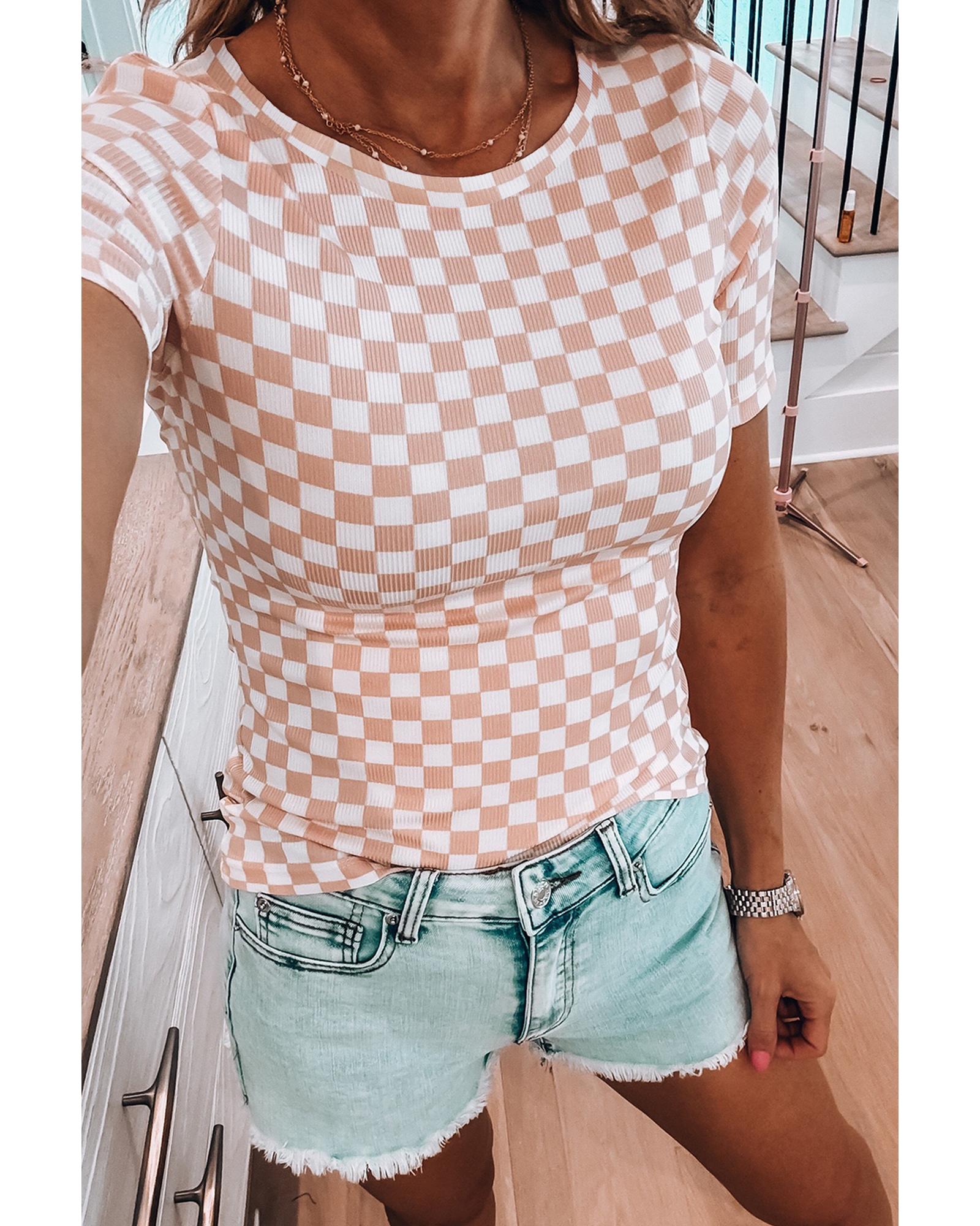 V539-AZEXDC25227094-P1020-S-202506121910-00 Pink Checkered Ribbed Slim Fit Crew Neck T Shirt - S - Image 1