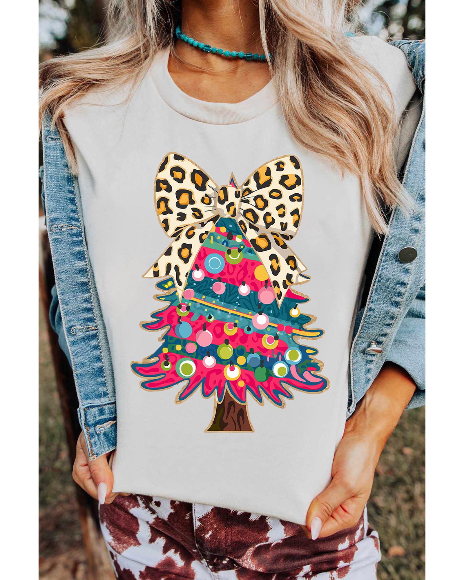 V539-AZEXDC25227168-1-3XL-202508292340-00 White Leopard Bow Decor Christmas Tree Graphic Crew Neck Tee - 3XL - Image 1