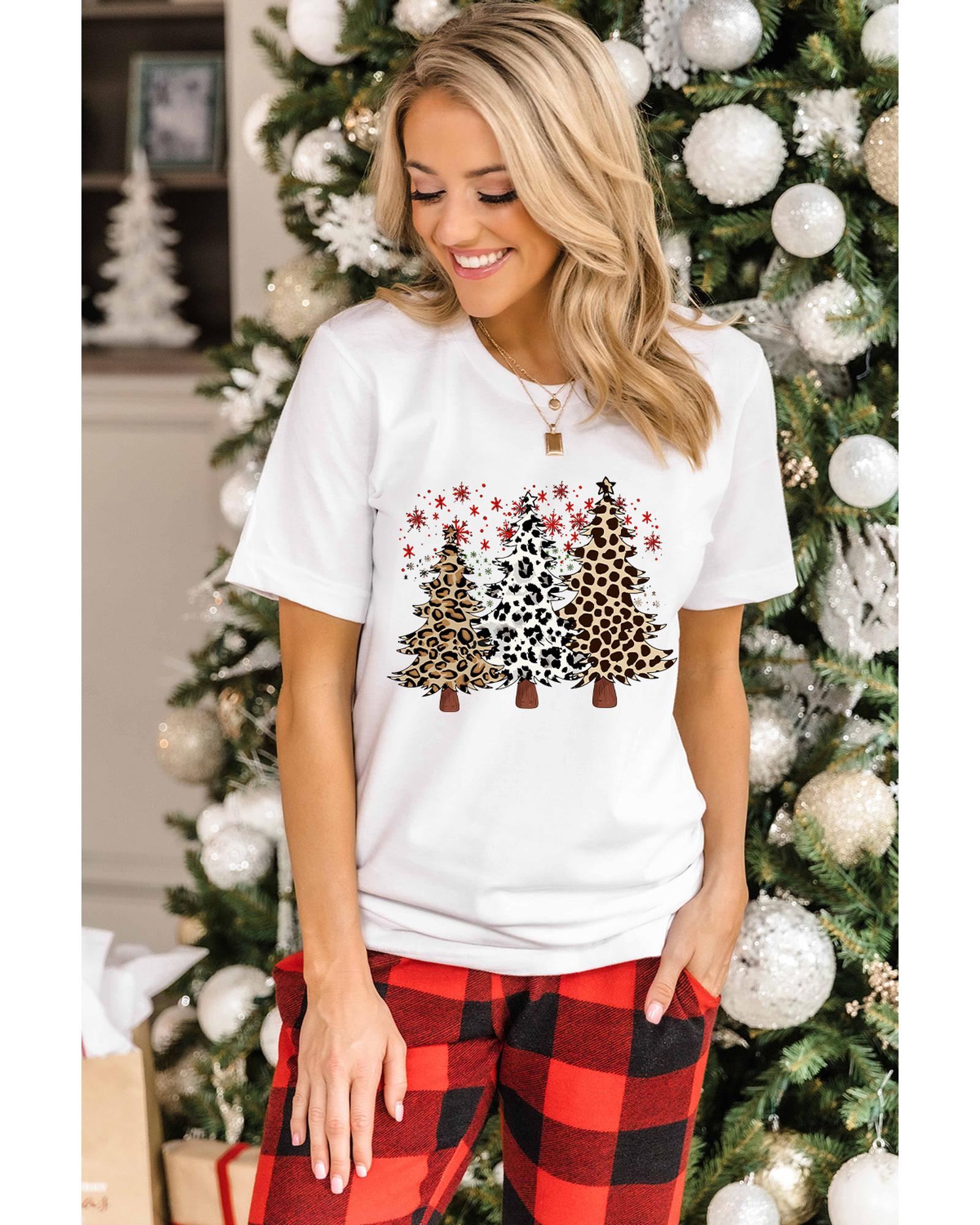 V539-AZEXDC25227169-1-3XL-202508280425-00 White Leopard Christmas Tree Graphic Crewneck Tee - 3XL - Image 1