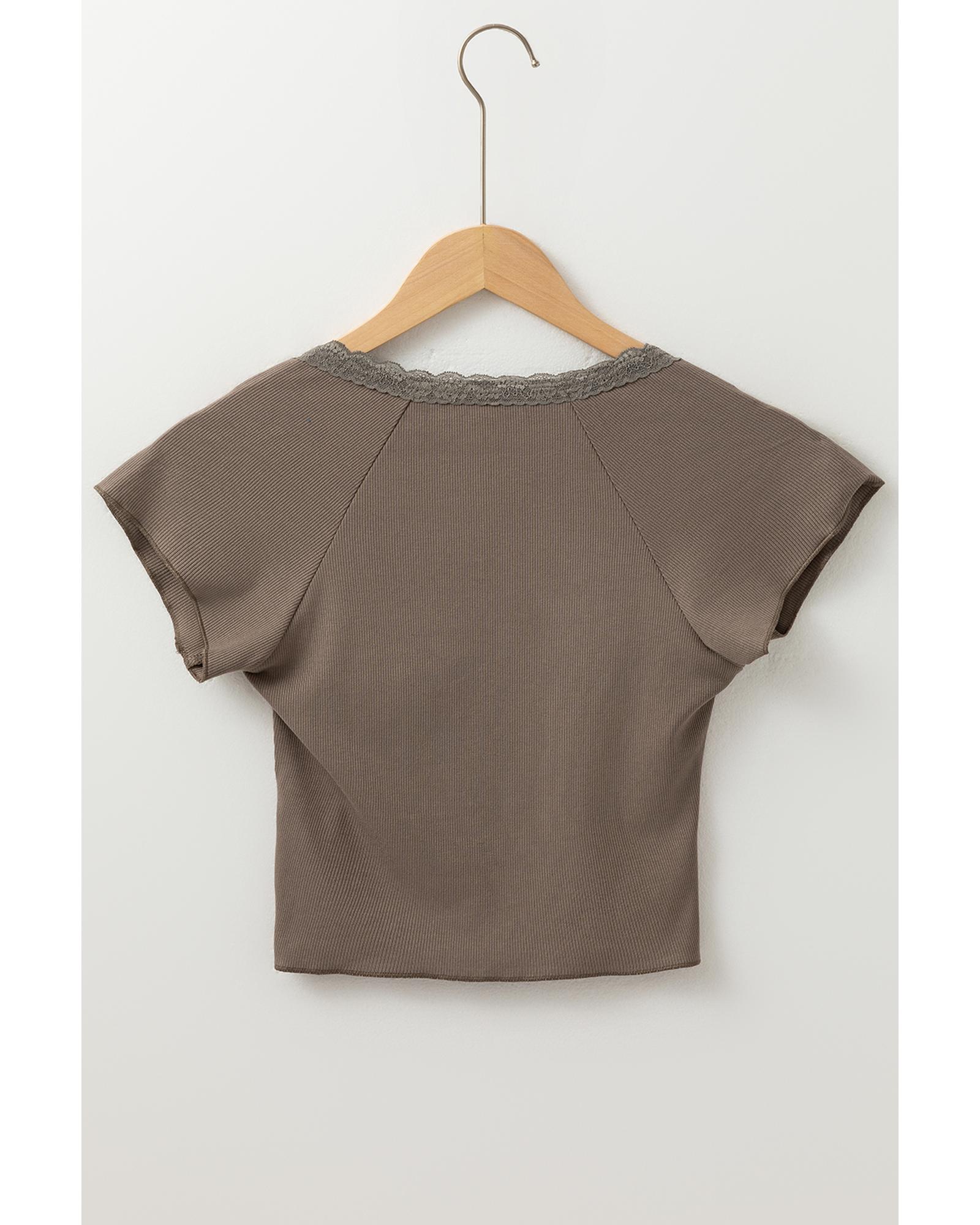 V539-AZEXDC25227195-P5017-L-202508291430-00 Dark Brown Lace Splicing Criss Cross Slim Fit V Neck T Shirt - L - Image 1