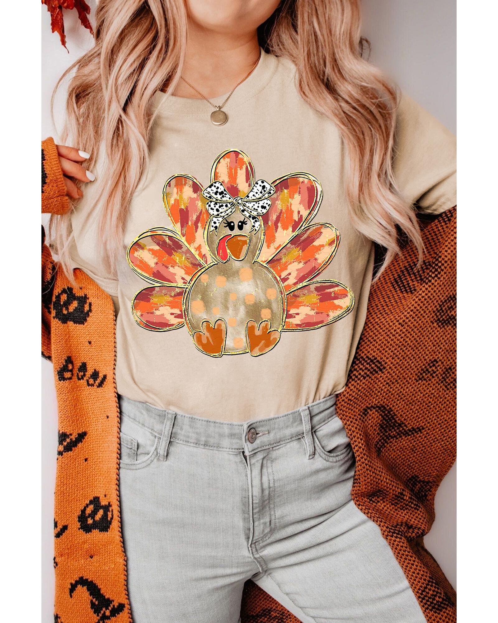 V539-AZEXDC25227209-16-S-202506122017-00 Khaki Thanksgiving Bowknot Turkey Graphic Crewneck Tee - S - Image 1