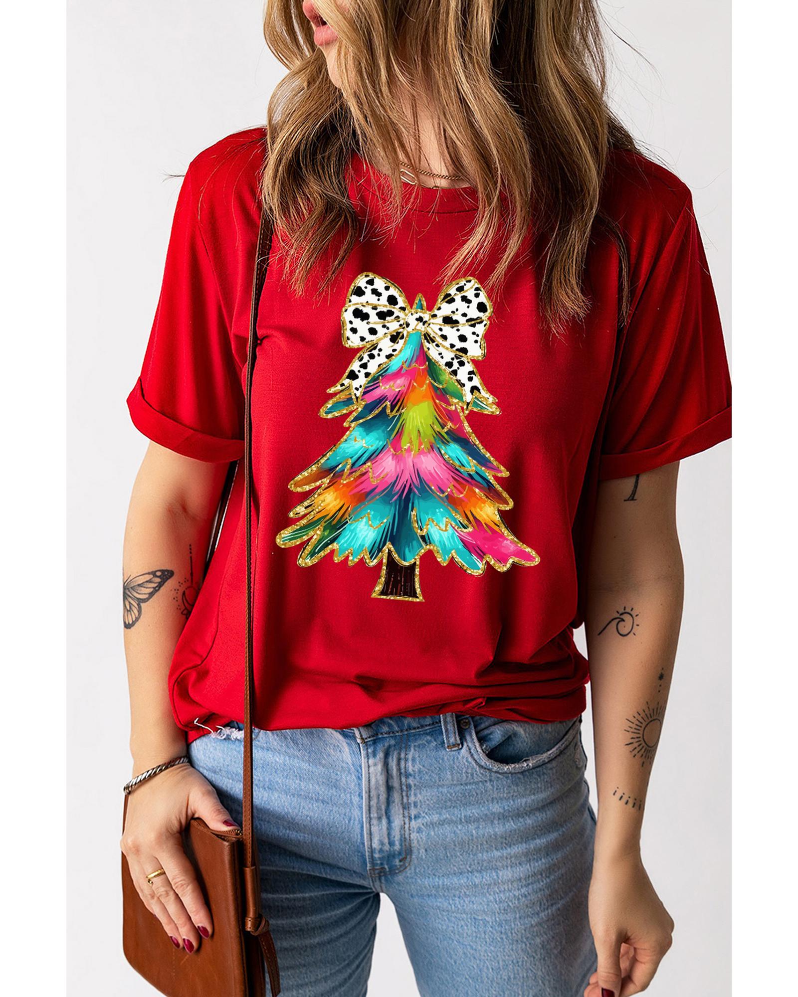V539-AZEXDC25227210-103-M-202508280810-00 Red Bow Decor Christmas Tree Graphic Holiday T Shirt - M - Image 1