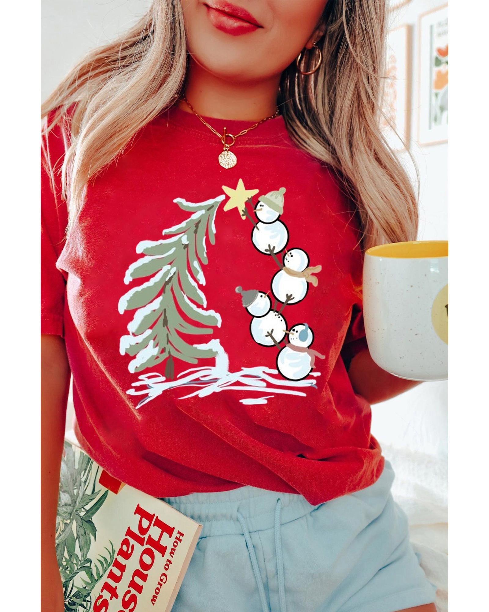 V539-AZEXDC25227225-103-L-202508290245-00 Red Christmas Tree Snowman Printed Crewneck T Shirt - L - Image 1