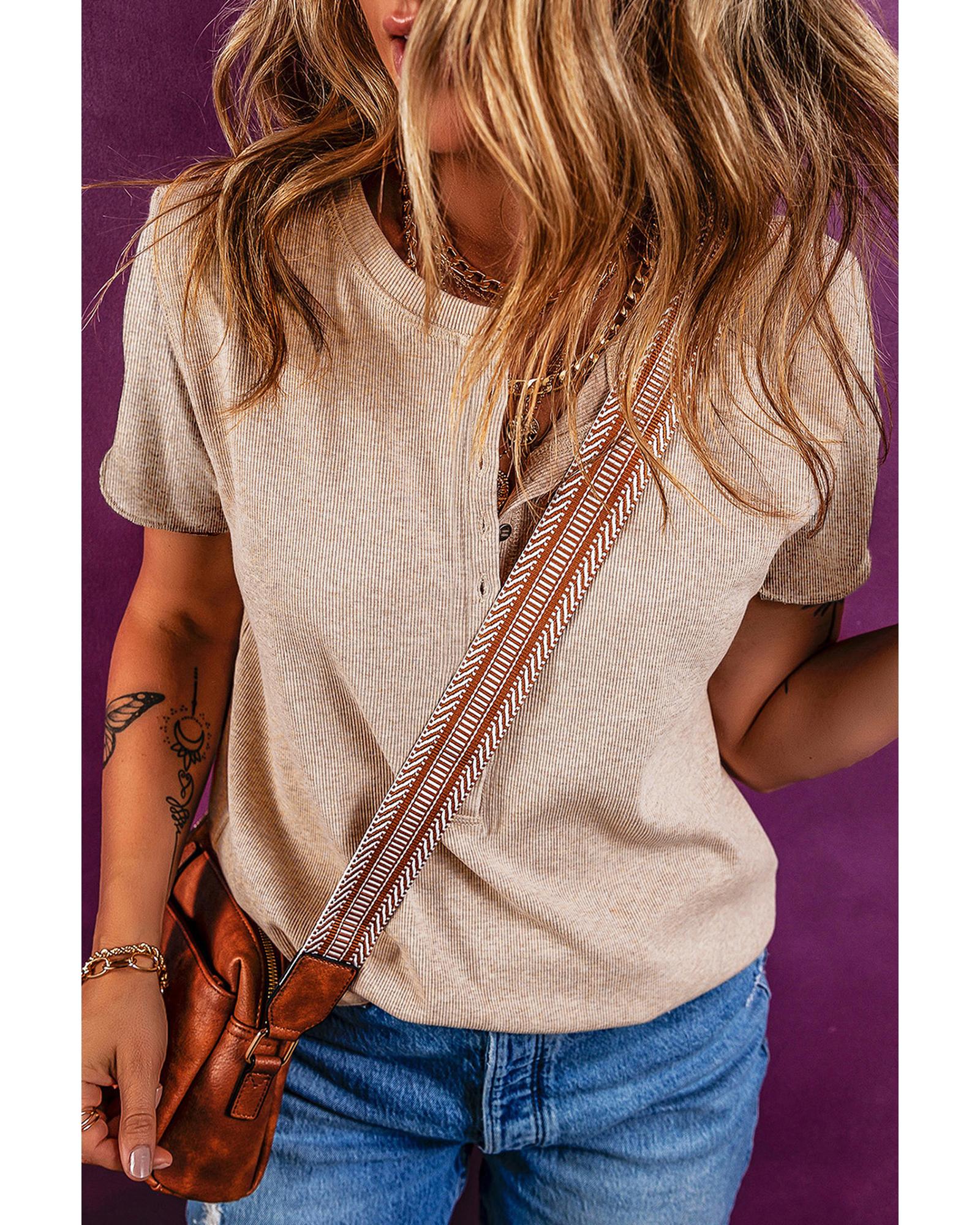 V539-AZEXDC25227320-P1015-XL-202508281145-00 Oatmeal Short Sleeve Half Button Ribbed Knit Top - XL - Image 1