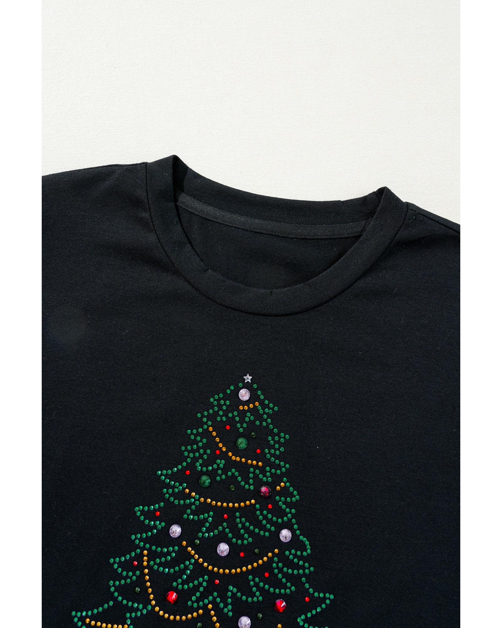 V539-AZEXDC25227373-2-2XL-202508280025-00 Black Rhinestone Christmas Tree Round Neck Graphic Tee - 2XL - Image 1