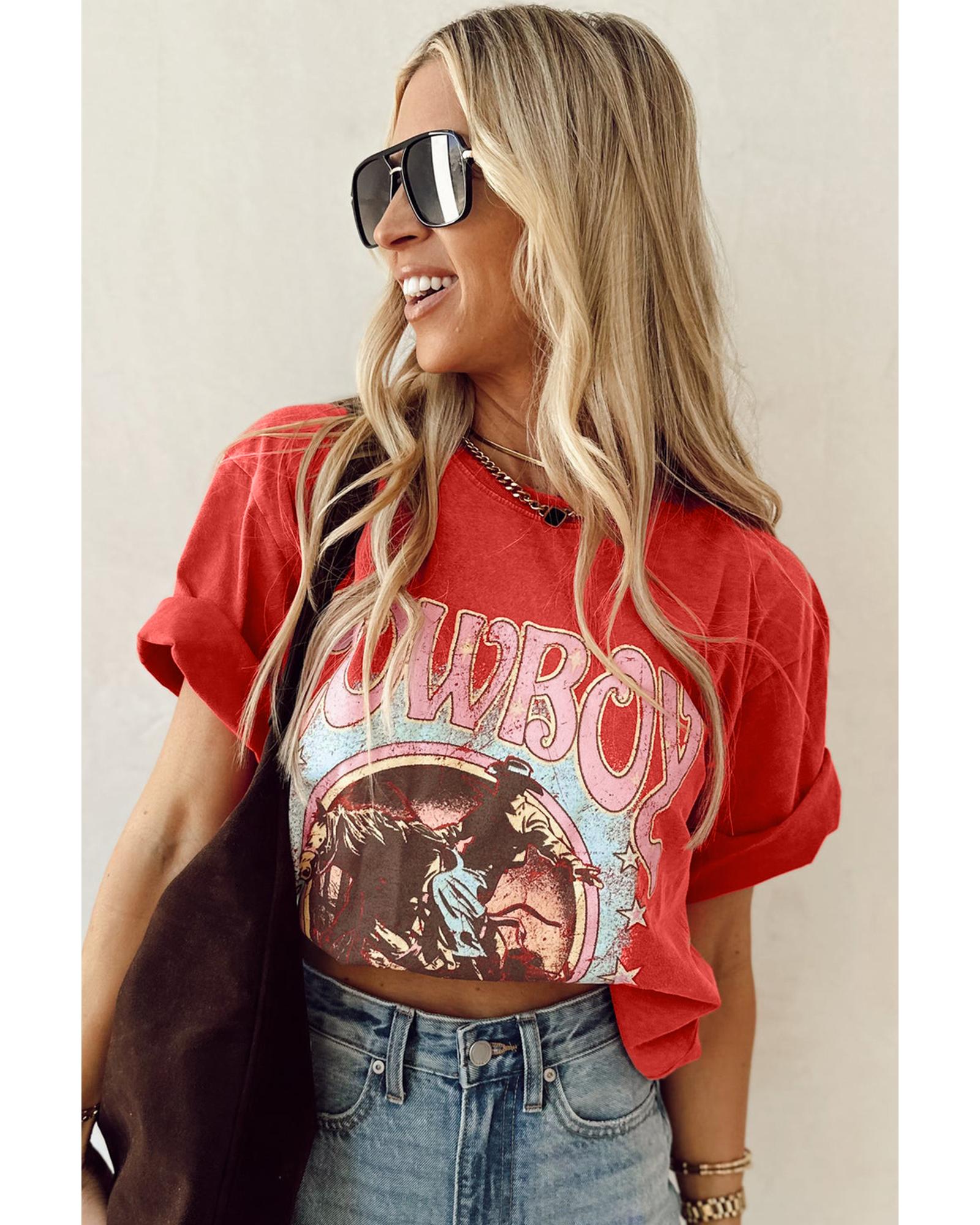 V539-AZEXDC25227506-P103-L-202508292320-00 Tomato Red COWBOY Take Me Away Graphic Western Loose Tee - L - Image 1