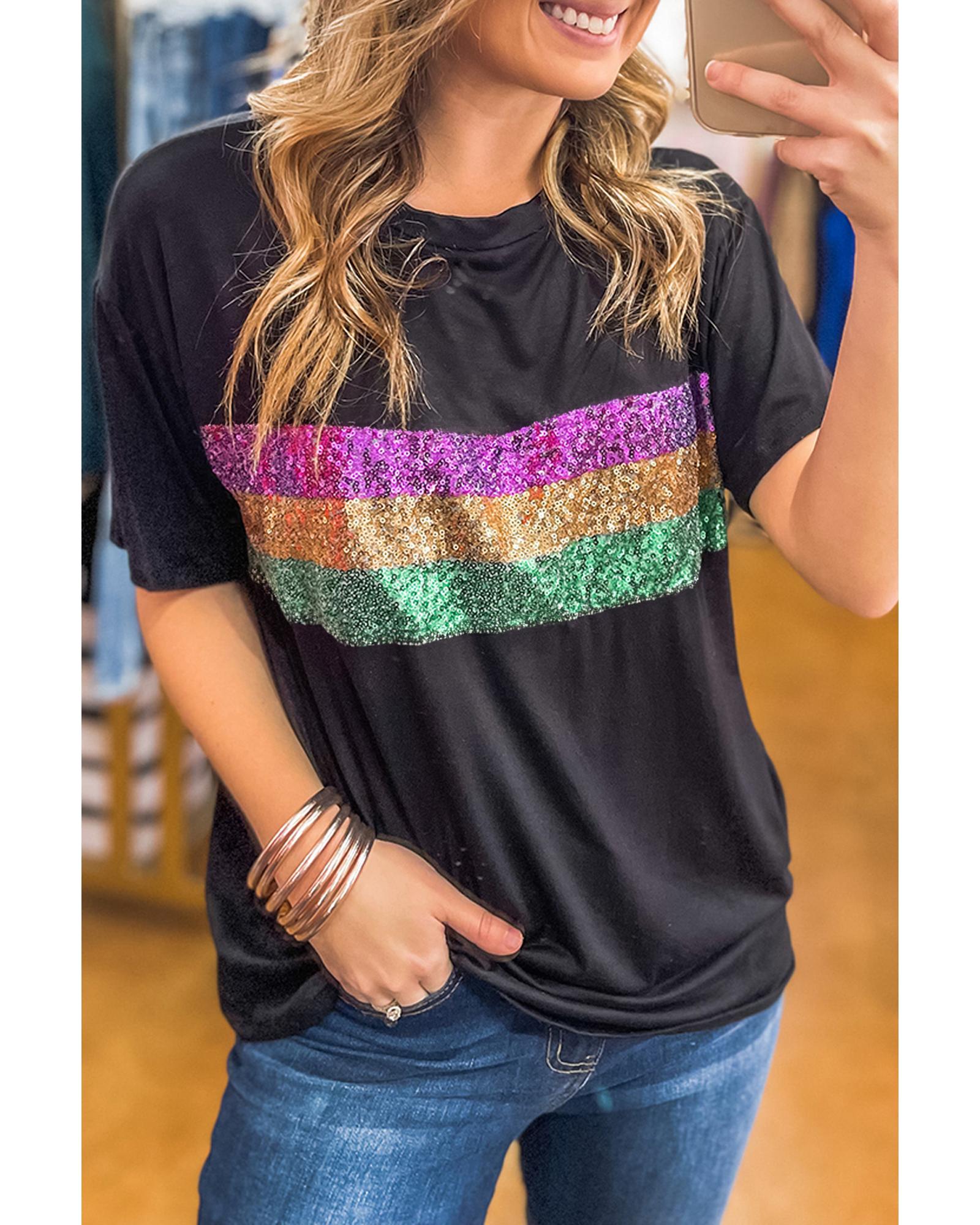 V539-AZEXDC25227549-P2-M-202508270140-00 Black Sequin Stripes Patchwork Mardi Gras Crew Neck T Shirt - M - Image 1