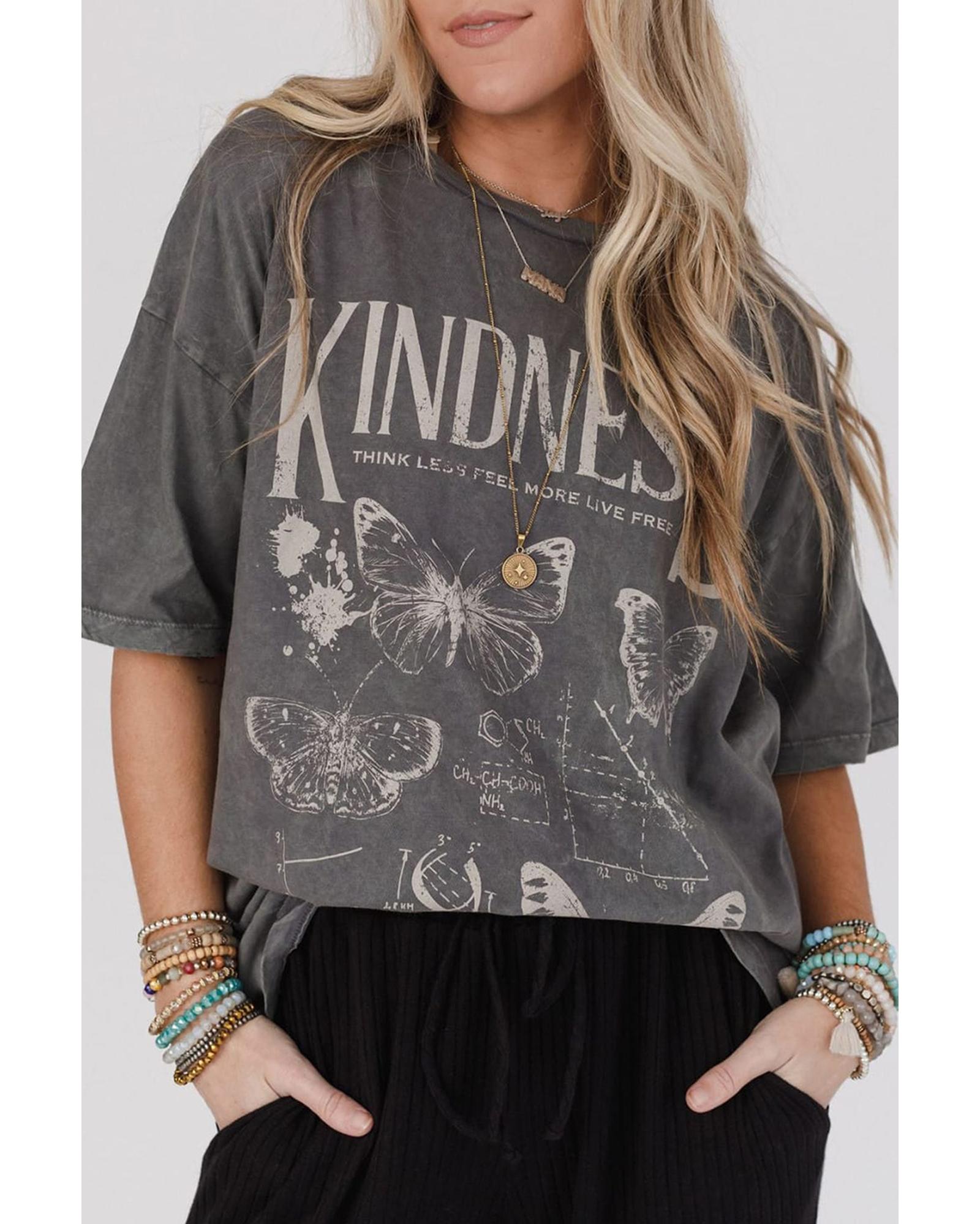 V539-AZEXDC25227626-P2011-S-202508291440-00 Dark Grey Kindness Butterflies Graphic Mineral Wash Loose Tee - S - Image 1
