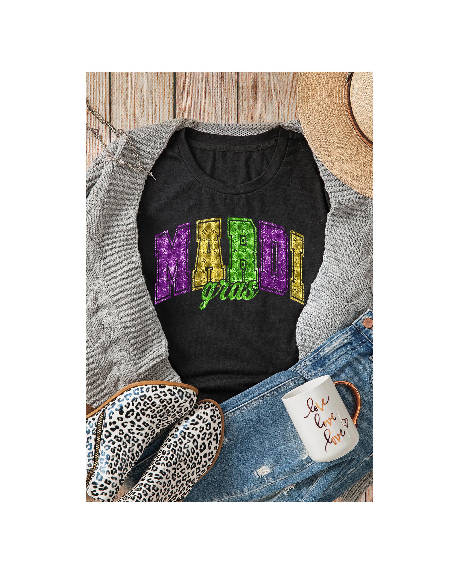 V539-AZEXDC25227634-2-XL-202508280200-00 Black Mardi Gras Heat Transfer Graphic Holiday Tee - XL - Image 1