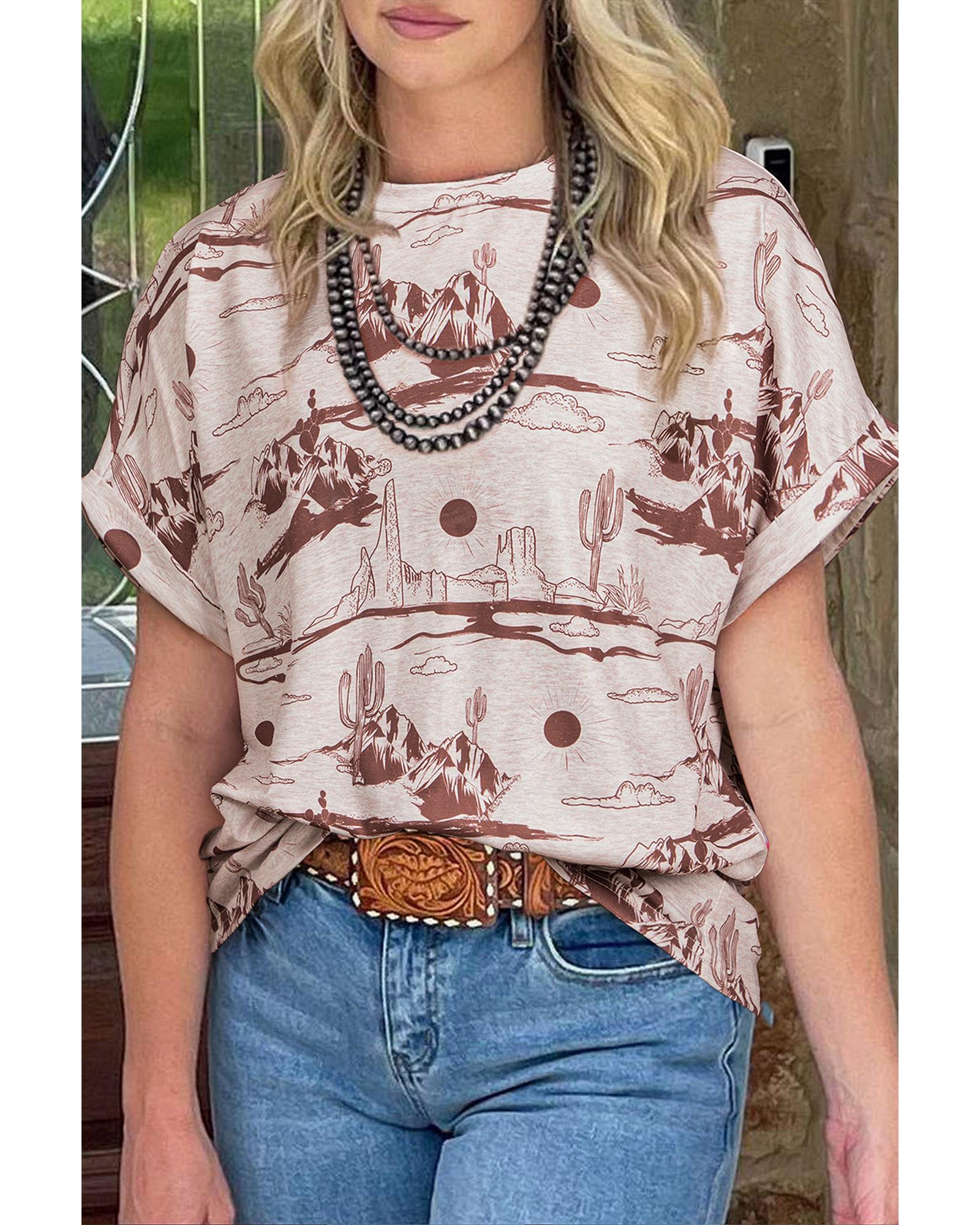 V539-AZEXDC25227653-P1720-M-202508280750-00 Brown Desert Sand Print Short Sleeve Knit Top - M - Image 1