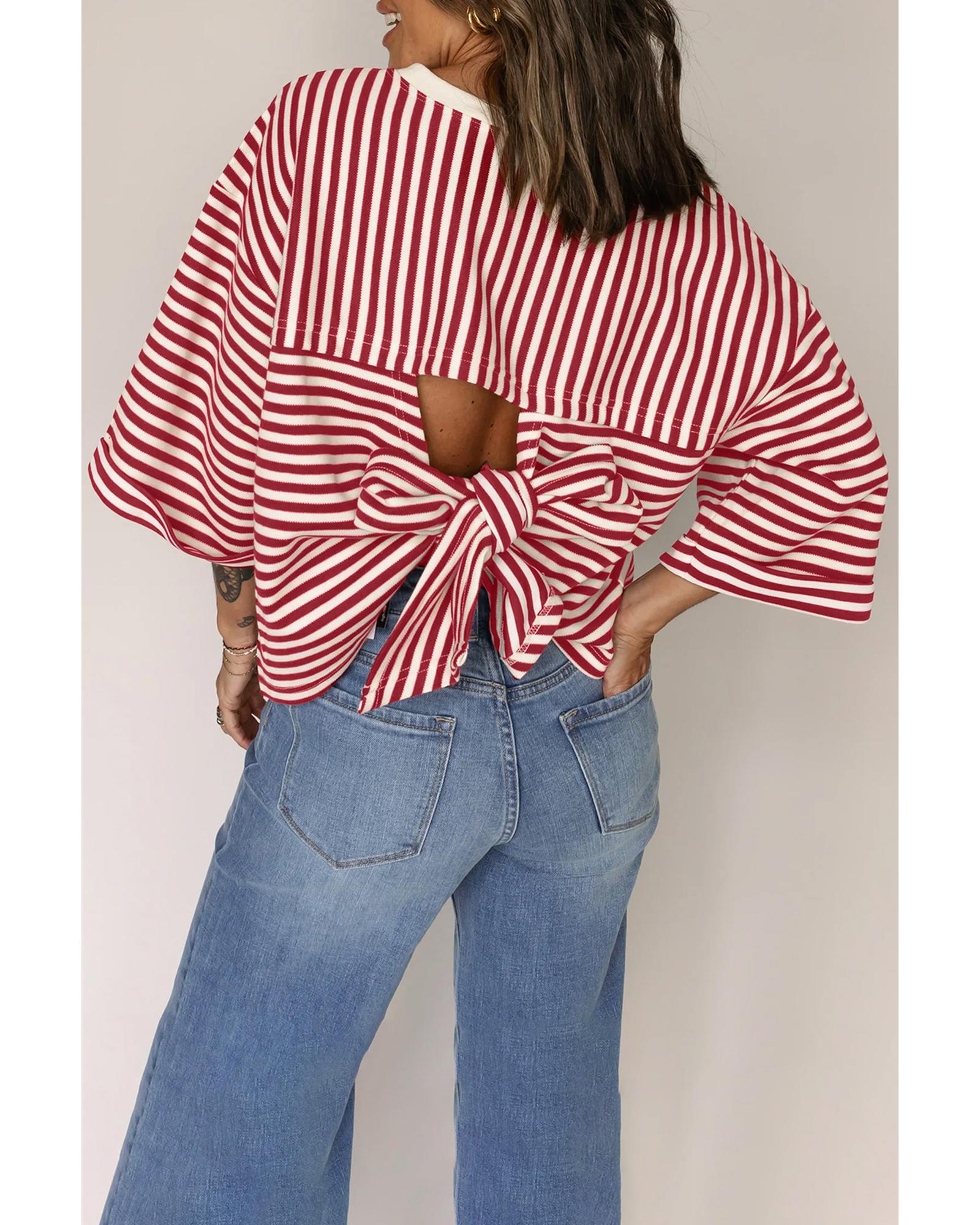 V539-AZEXDC25227696-P319-XL-202508291540-00 Red Stripe Bowknot Cutout Back Drop Shoulder Wide Bracelet Sleeve Loose Tee - XL - Image 1
