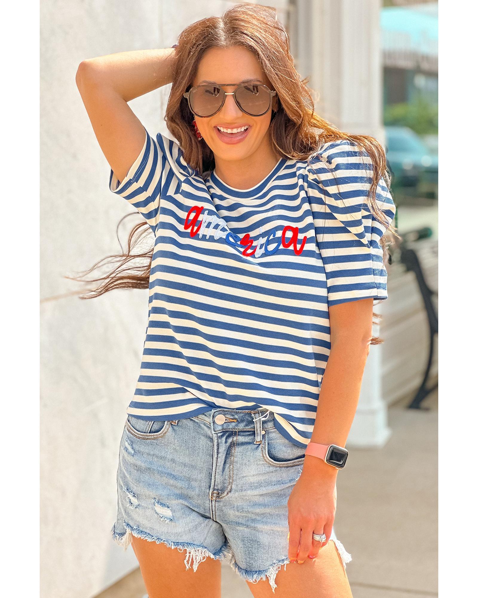 V539-AZEXDC25227706-P519-XL-202508291920-00 Blue Stripe America Cursive Graphic Puff Sleeve T-shirt - XL - Image 1