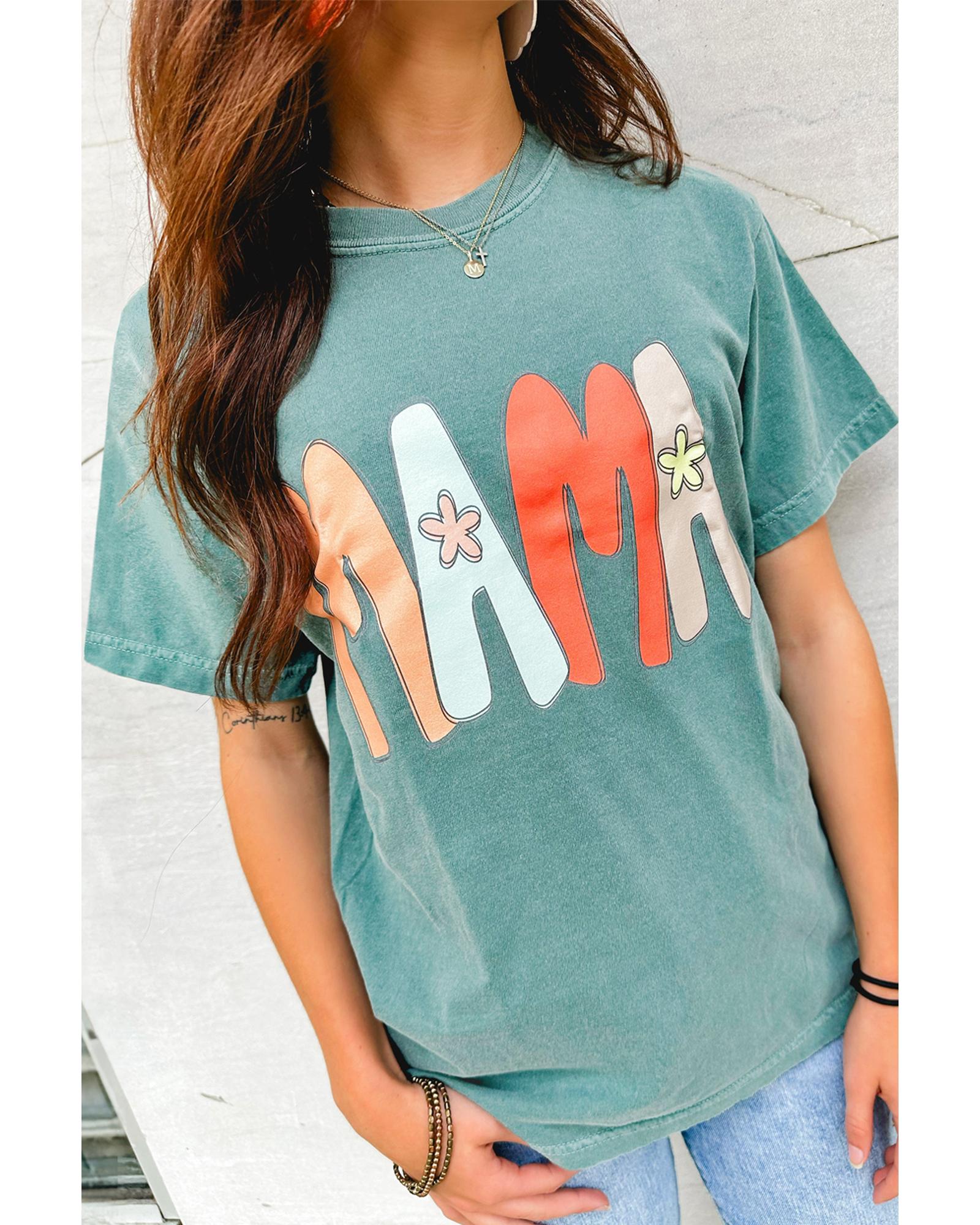 V539-AZEXDC25227746-P409-M-202506121452-00 Sea Green MAMA Printed Mineral Wash Crewneck T Shirt - M - Image 1