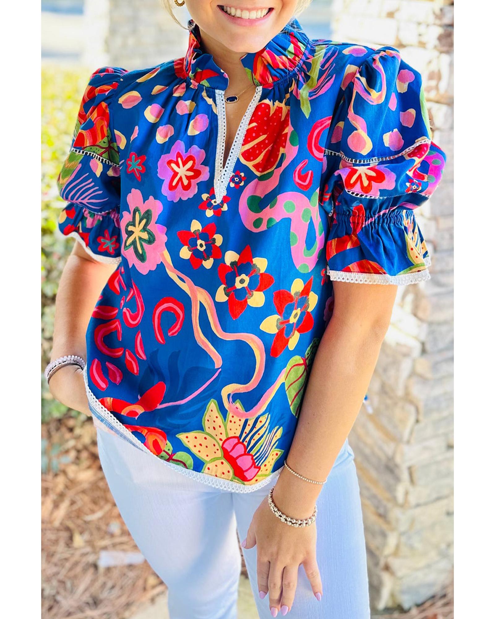 V539-AZEXDC25227747-P520-XL-202508281045-00 Blue Abstract Print Frilled Collar Ruffled Puff Short Sleeve Top - XL - Image 1