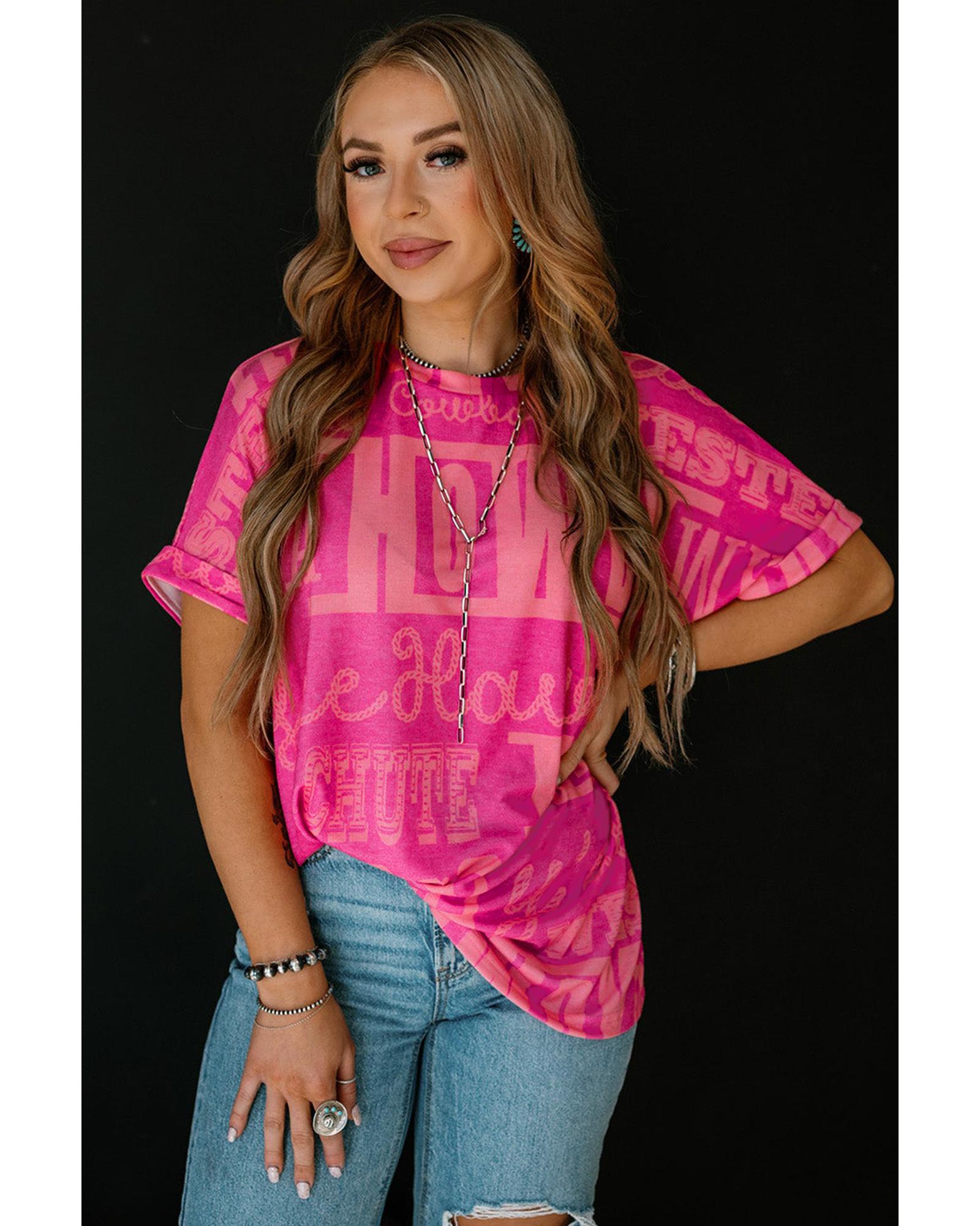 V539-AZEXDC25227771-P620-S-202506121535-00 Rose Howdy Cowboy Letter Printed Western Fashion Tee - S - Image 1