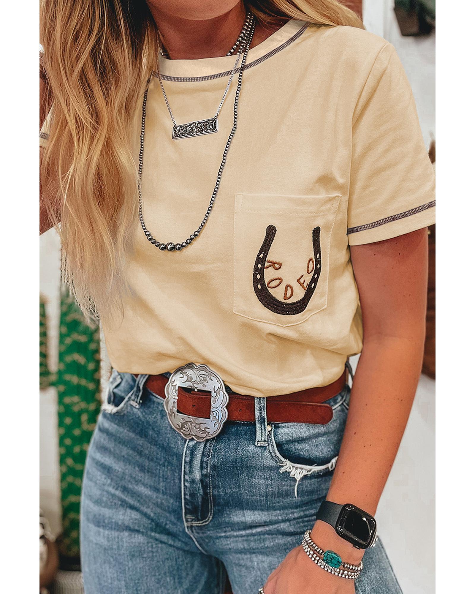V539-AZEXDC25227785-P18-XL-202508300640-00 Apricot RODEO Horseshoe Embroidered Patch Pocket T Shirt - XL - Image 1