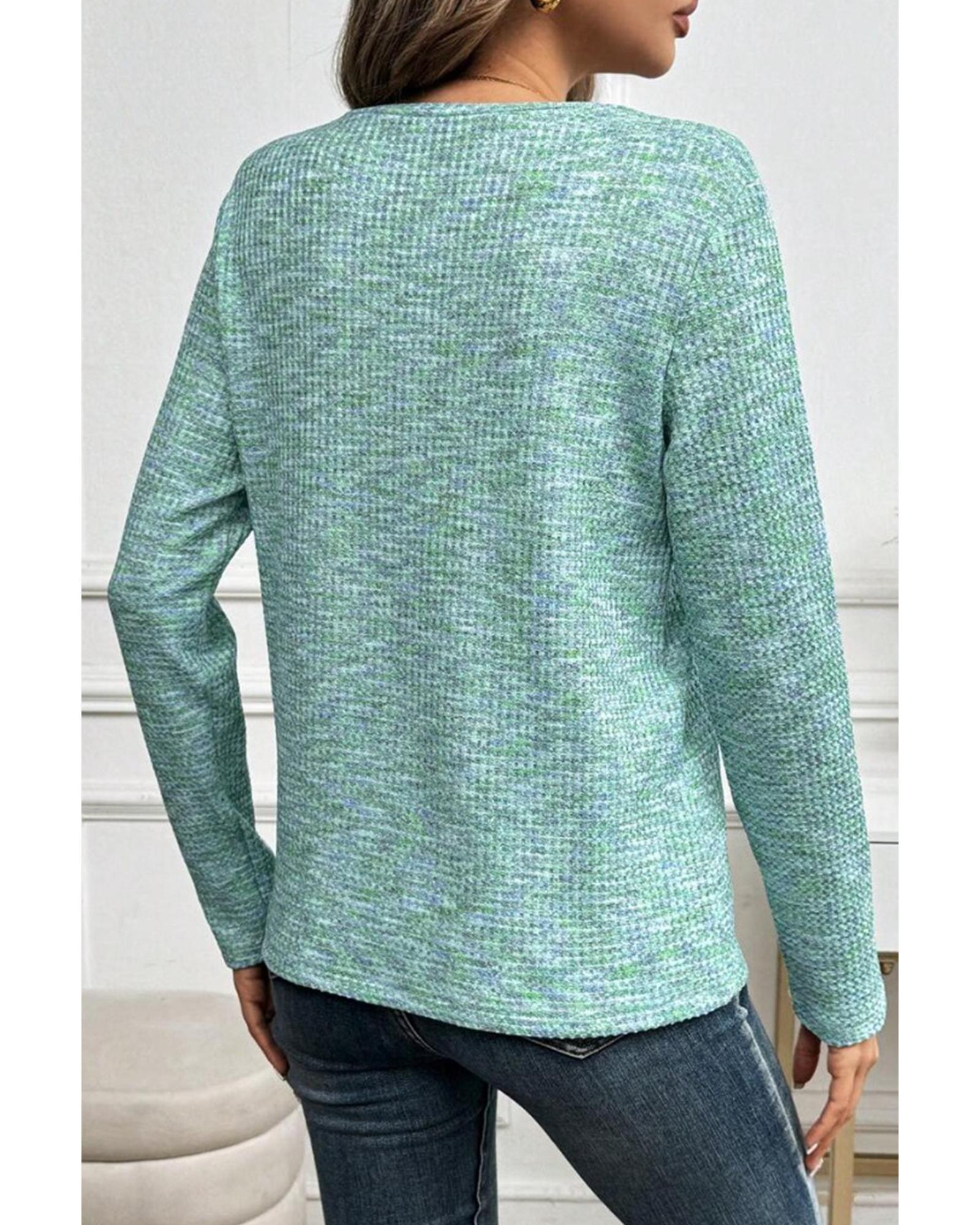 V539-AZEXDC25227897-P2209-2XL-202508292215-00 Moonlight Jade Buttoned V Neck Textured Knit Long Sleeve Top - 2XL - Image 1