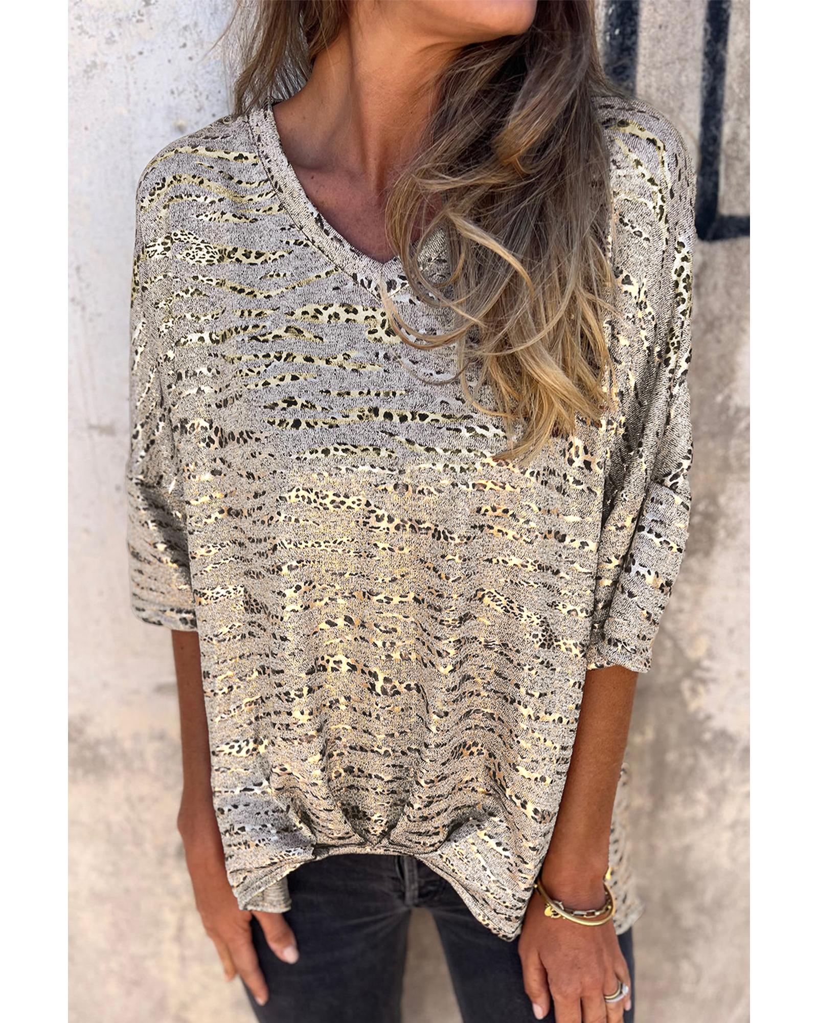 V539-AZEXDC25227920-P1120-S-202506121646-00 Gray Leopard Print Half Sleeve V Neck Loose Fit T Shirt - S - Image 1