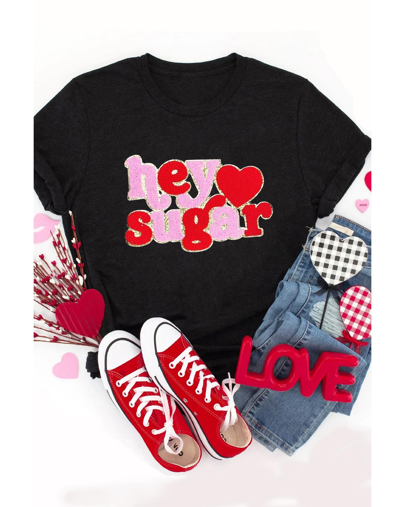 V539-AZEXDC25227982-2-XL-202508281235-00 Black Chenille Heart hey sugar Patched Crewneck Valentines Tee - XL - Image 1