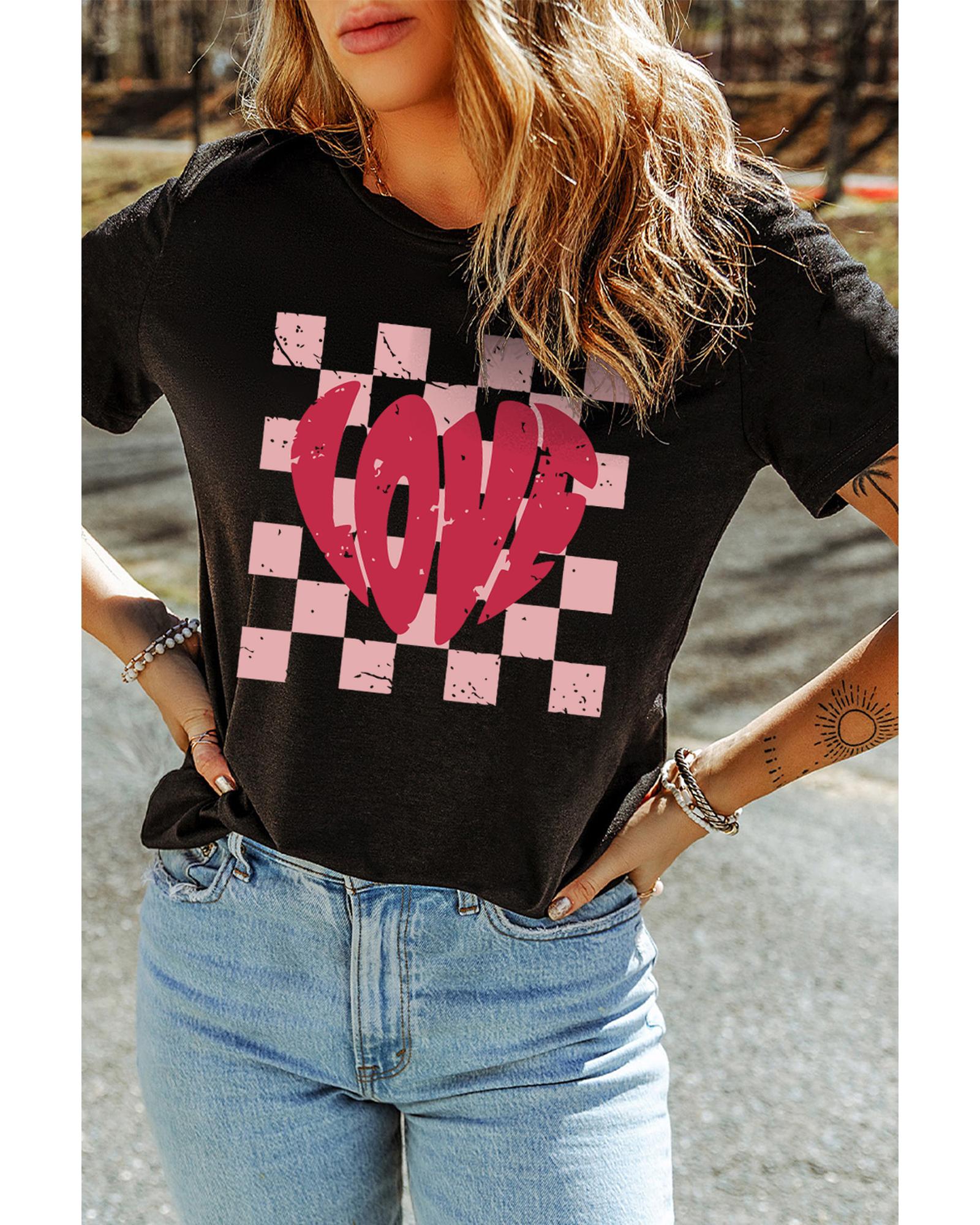 V539-AZEXDC25228033-2-S-202508300010-00 Black LOVE Checkered Graphic Valentine Tee - S - Image 1