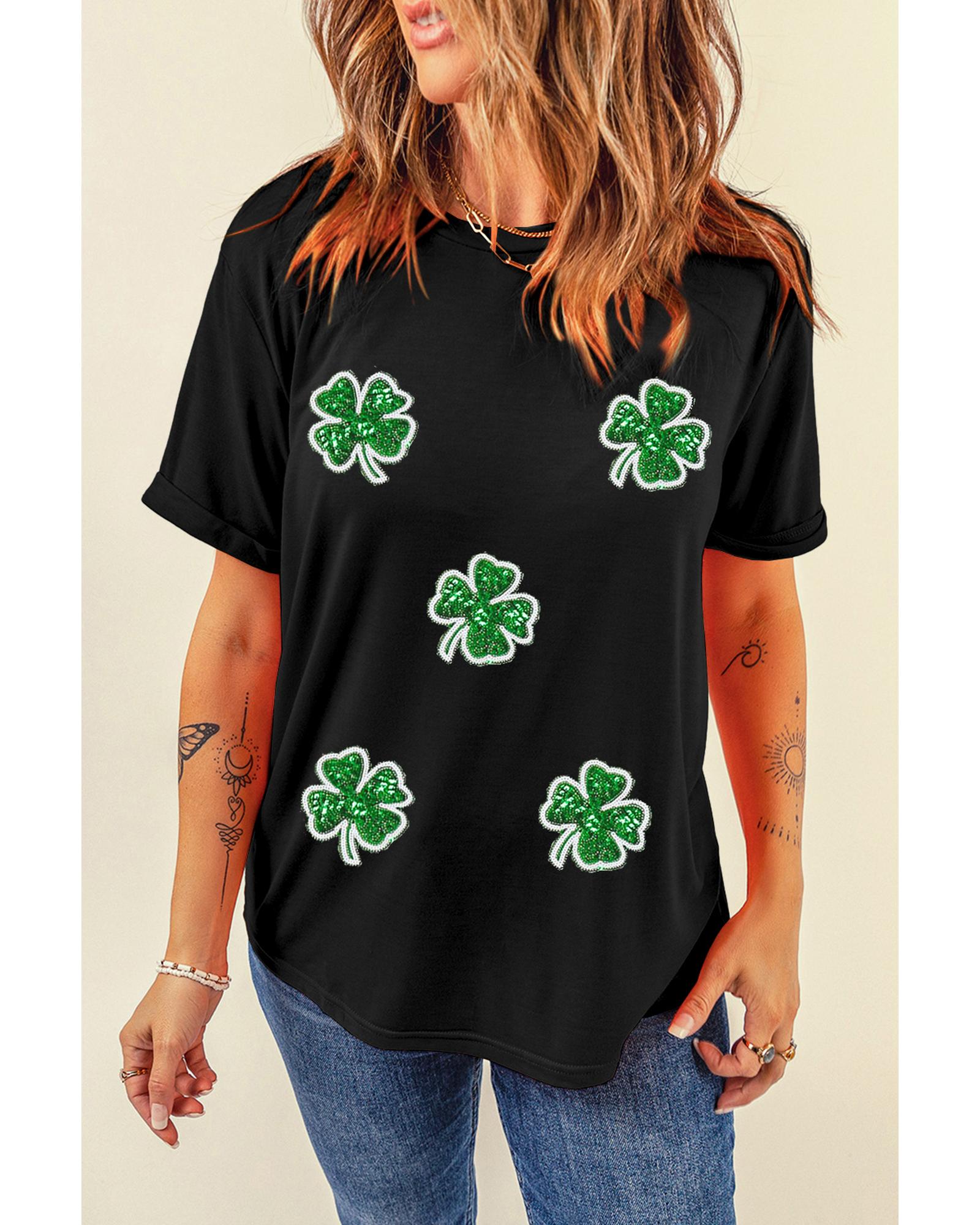 V539-AZEXDC25228037-2-L-202508270220-00 Black Four Leaf Clover Graphic St. Patricks Crewneck Tee - L - Image 1