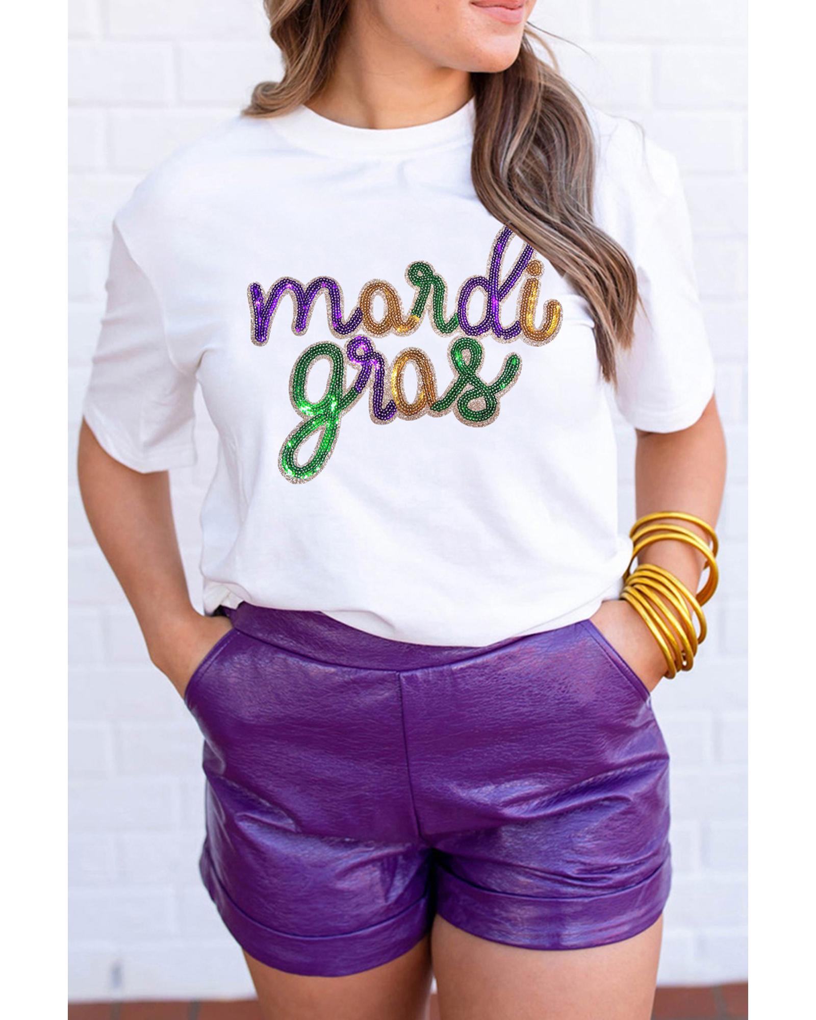 V539-AZEXDC25228047-1-S-202506130025-00 White Sequin mardi gras Graphic T Shirt - S - Image 1